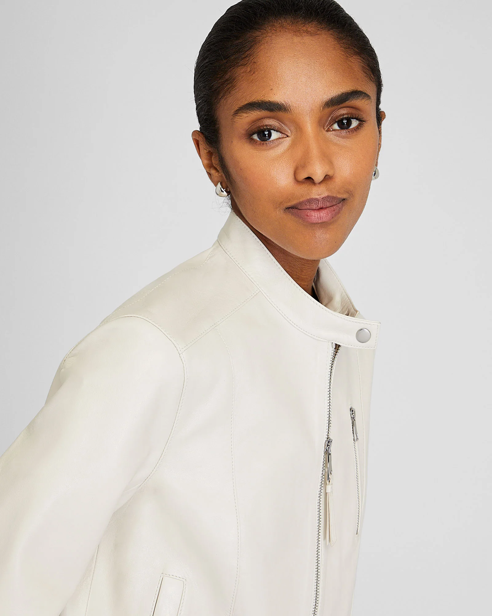 Band Collar Cropped Leather Jacket