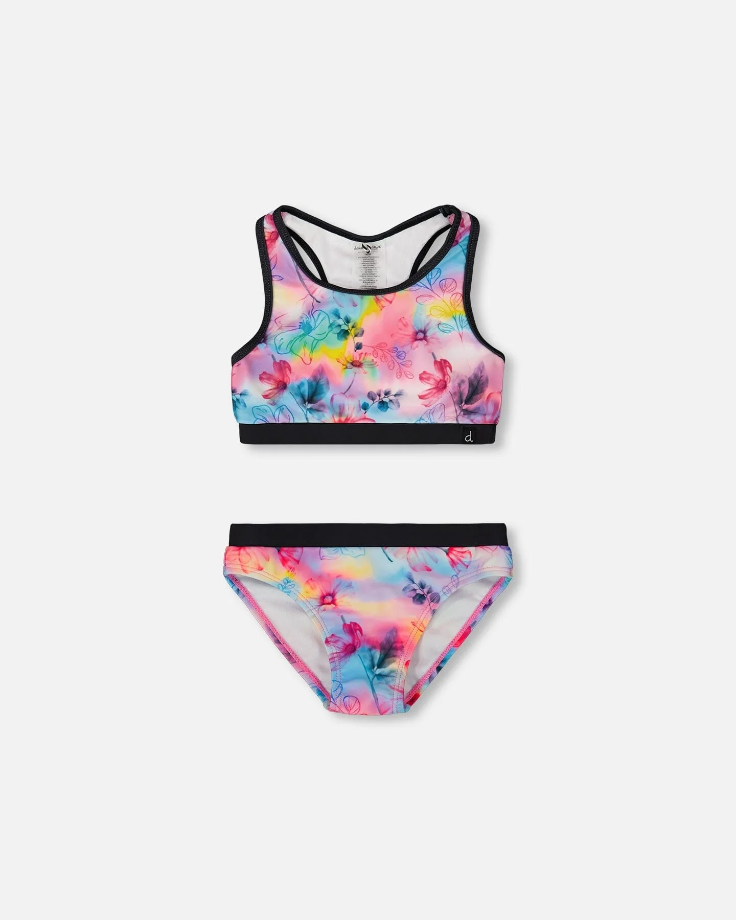 Printed Two-Piece Racerback Swimsuit Butterflies On Multicolored And Black Background