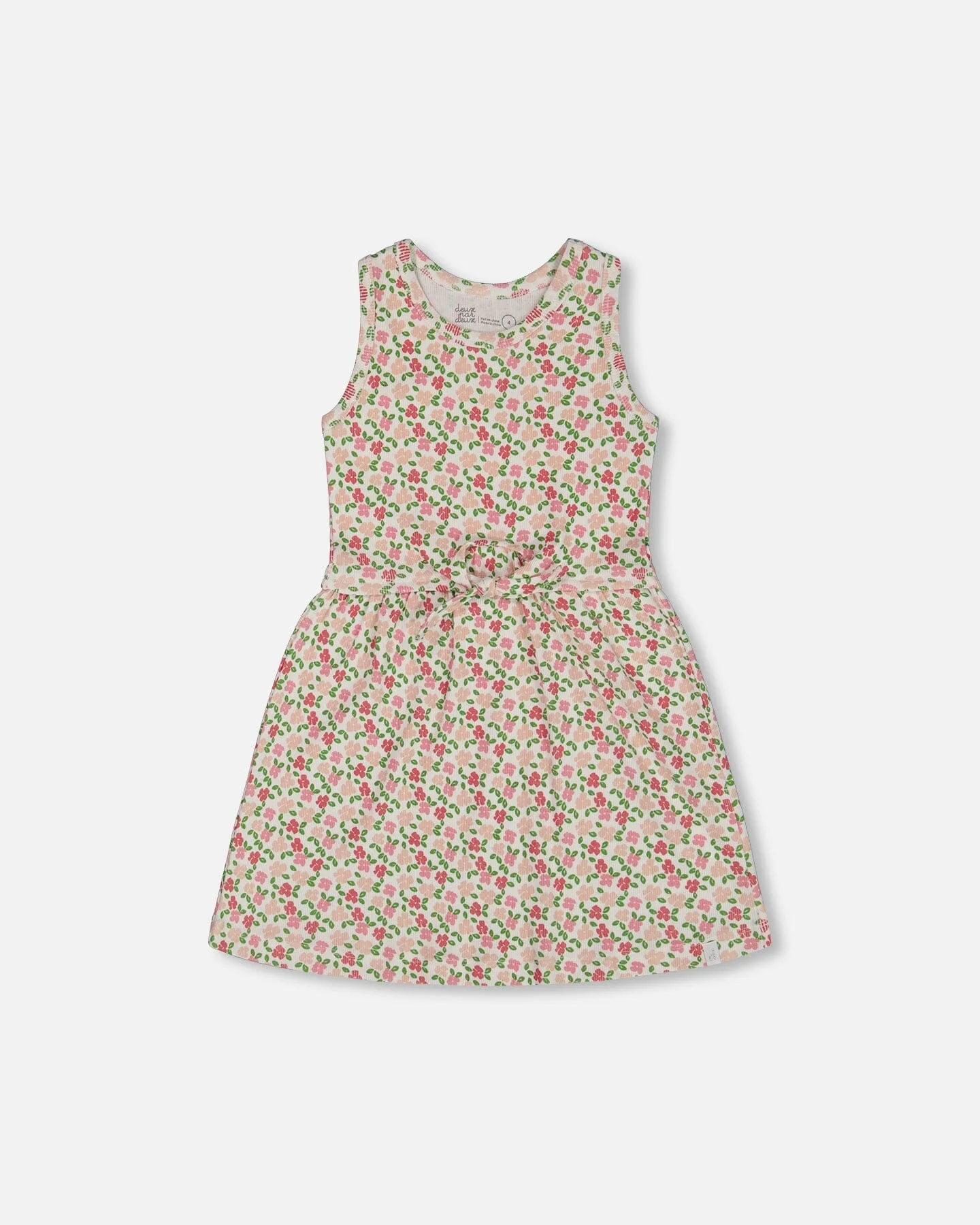 Printed Ribbed Dress With Waist Tie Small Flowers On White Background