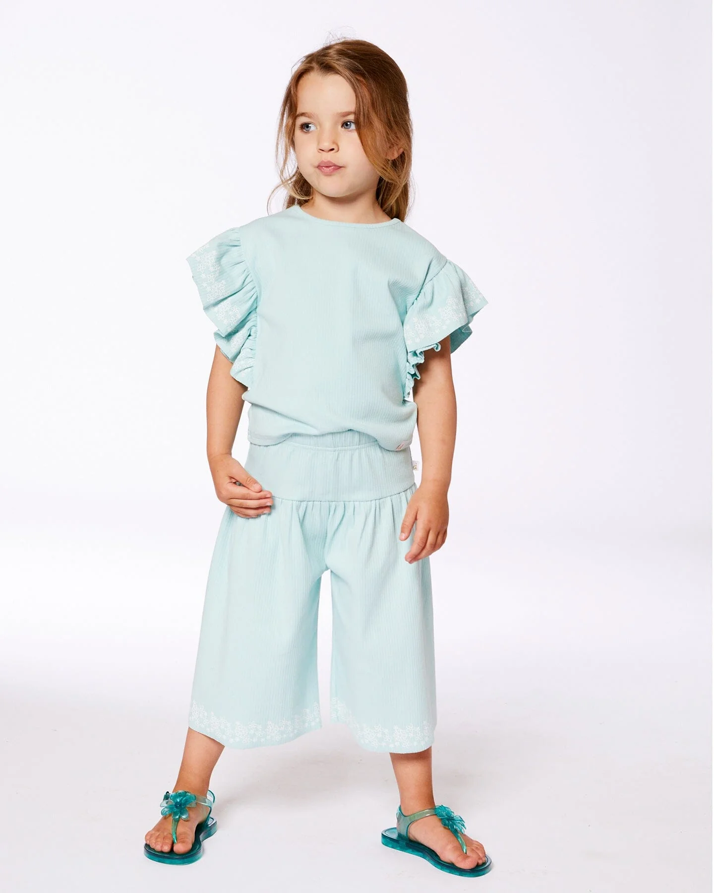 Flat Back Rib Capri With Embroidery Pale Teal