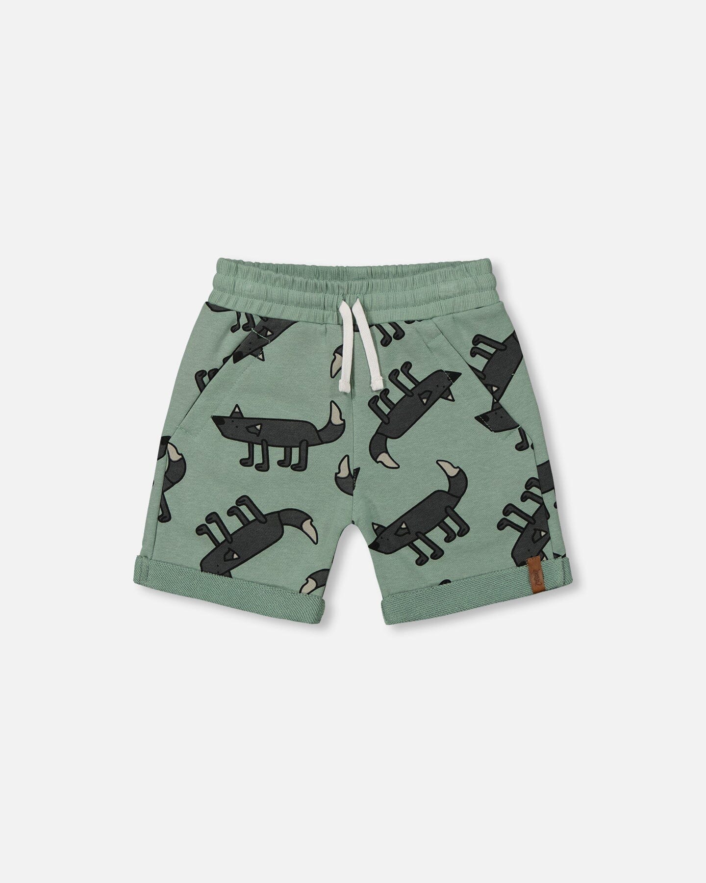 Printed French Terry Short Gray Wolf On Teal Background