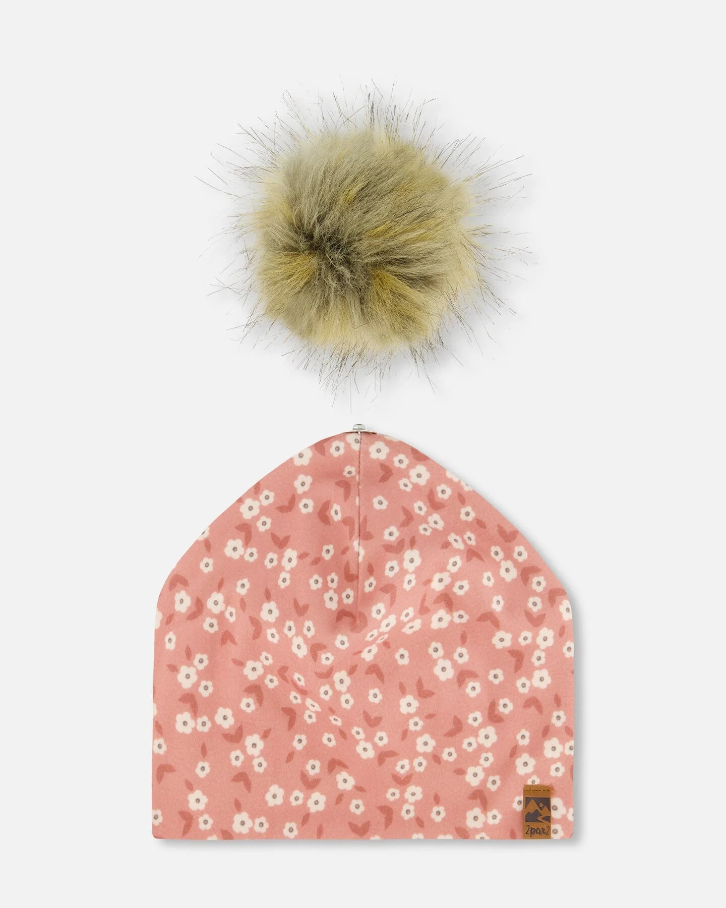 Printed Jersey Detachable Pompom Hat Small White Flowers On Pale Pink