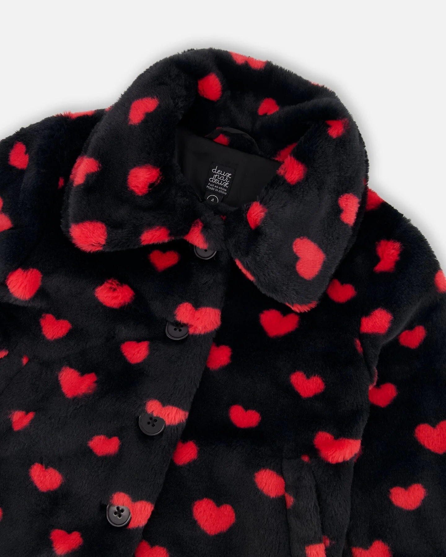 Faux Fur Short Coat Black And Red With Hearts