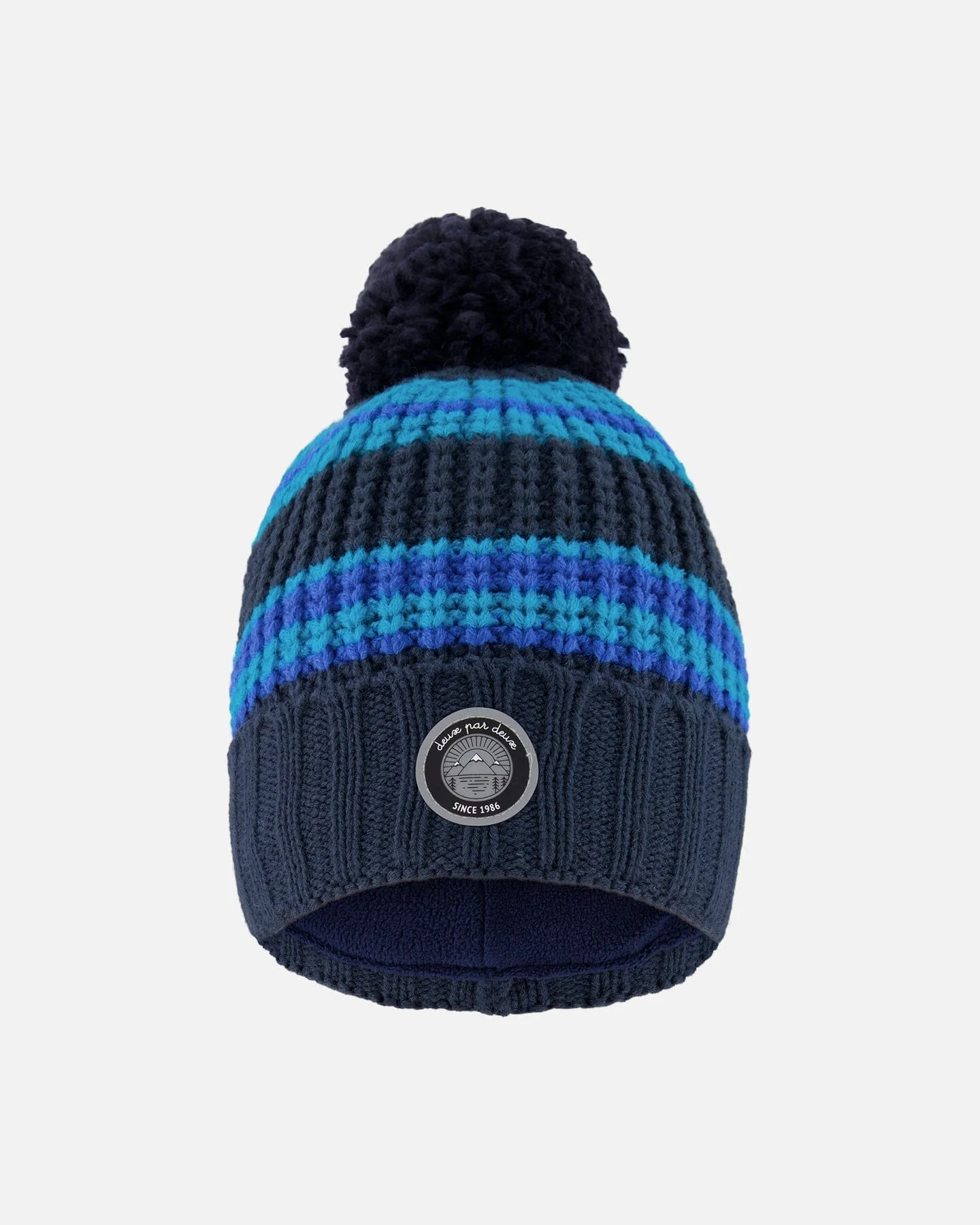 Lined Knit Winter Hat With Pompom Black And Blue