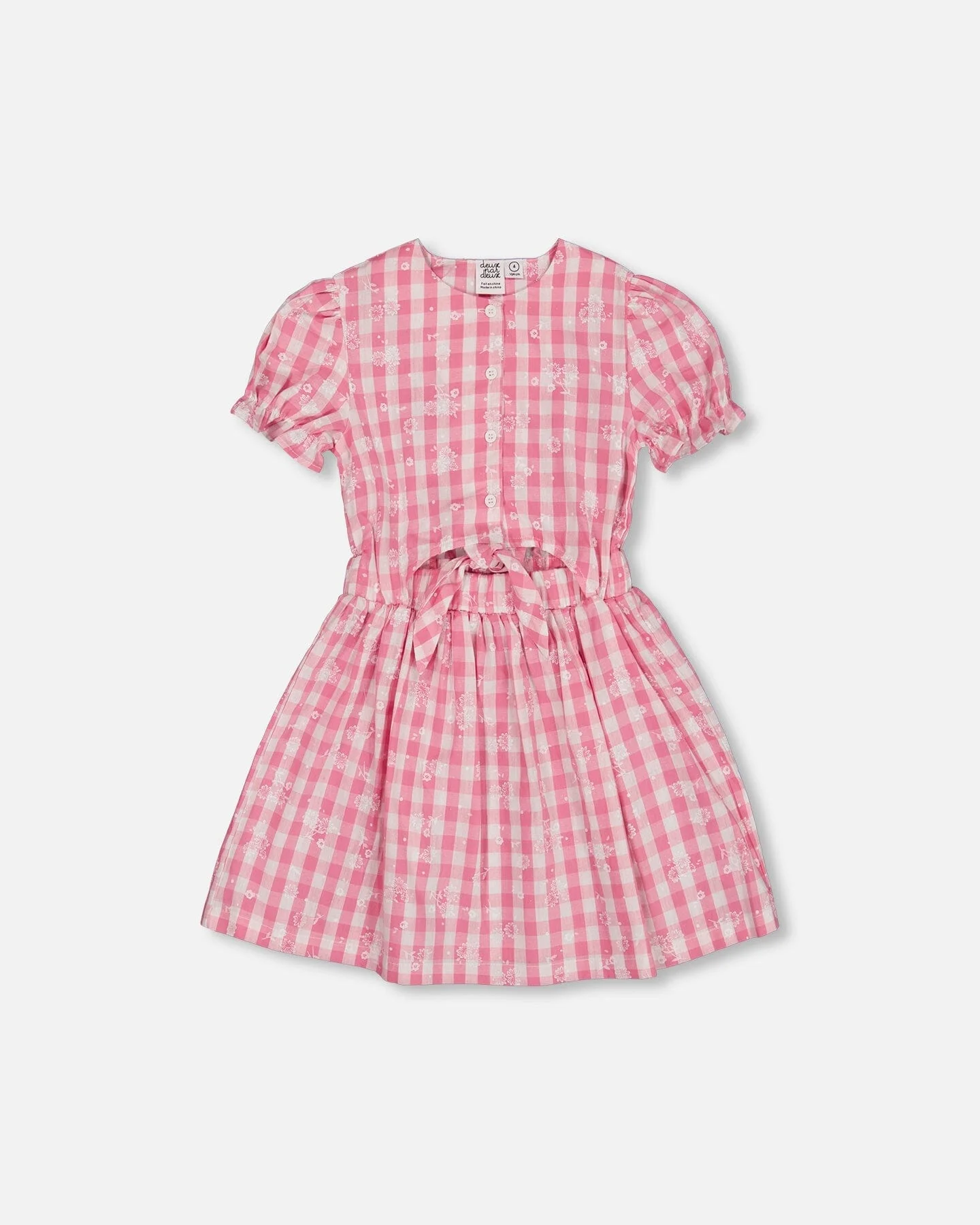 Puff Sleeve Dress With Waist Tie Pink And White Checks