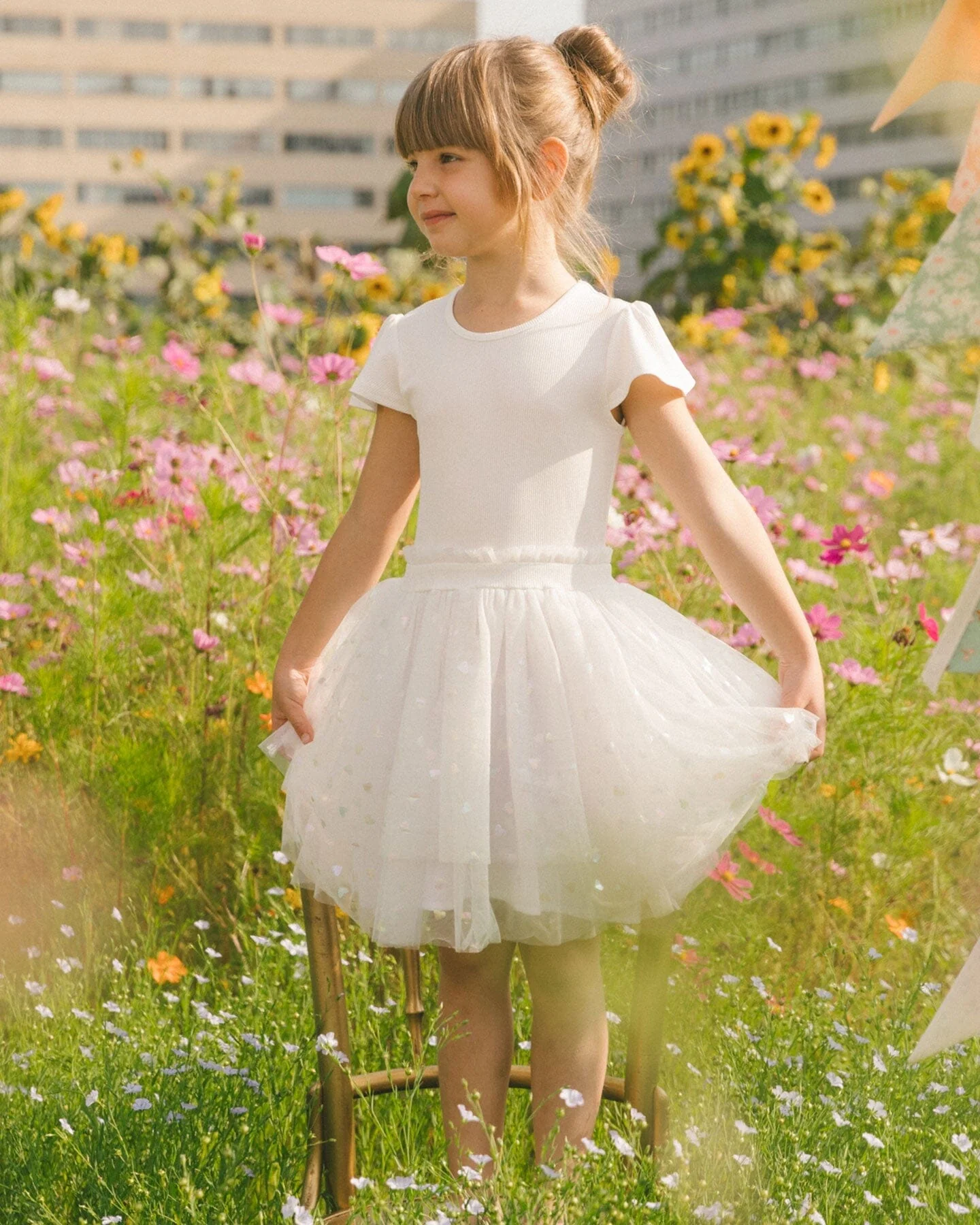 Bi-Material Dress With Glitter Hearts Skirt Snow White