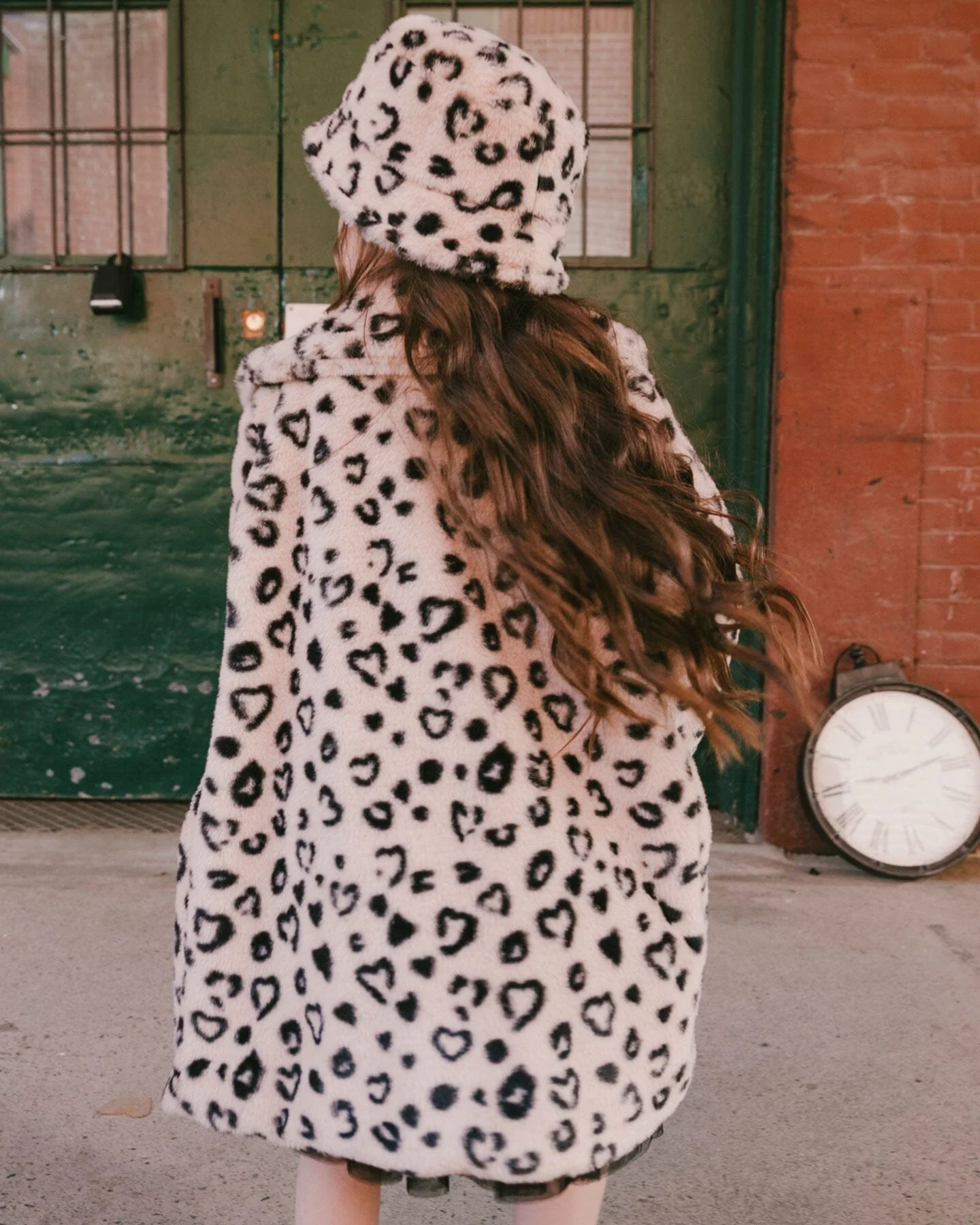 Printed Fake Fur Long Coat Black And Beige Leopard