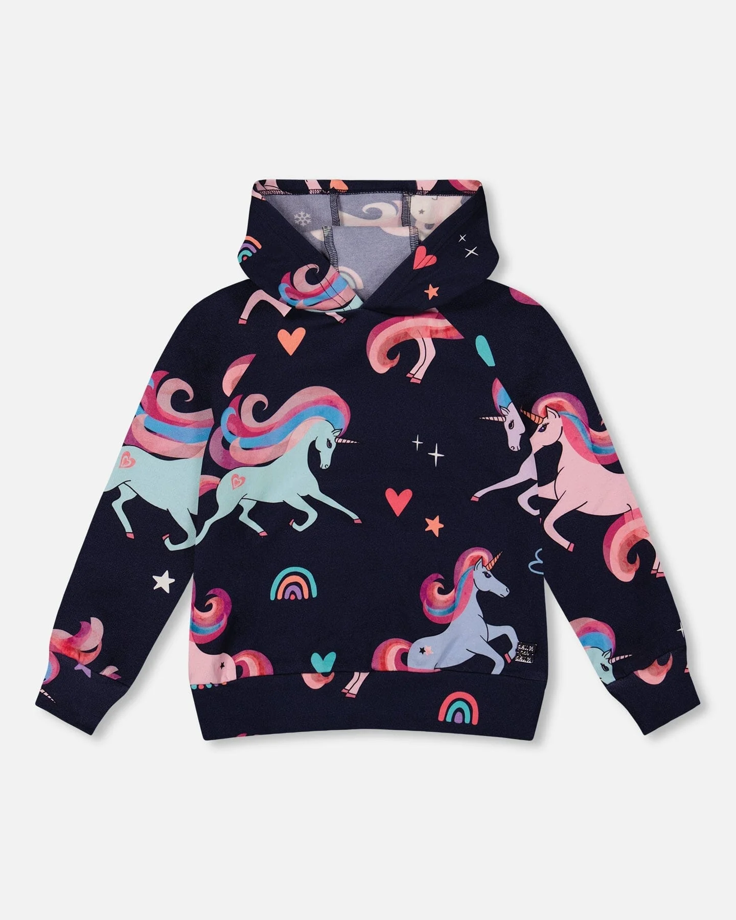 Pullover Fleece Hoodie Navy Unicorn Print