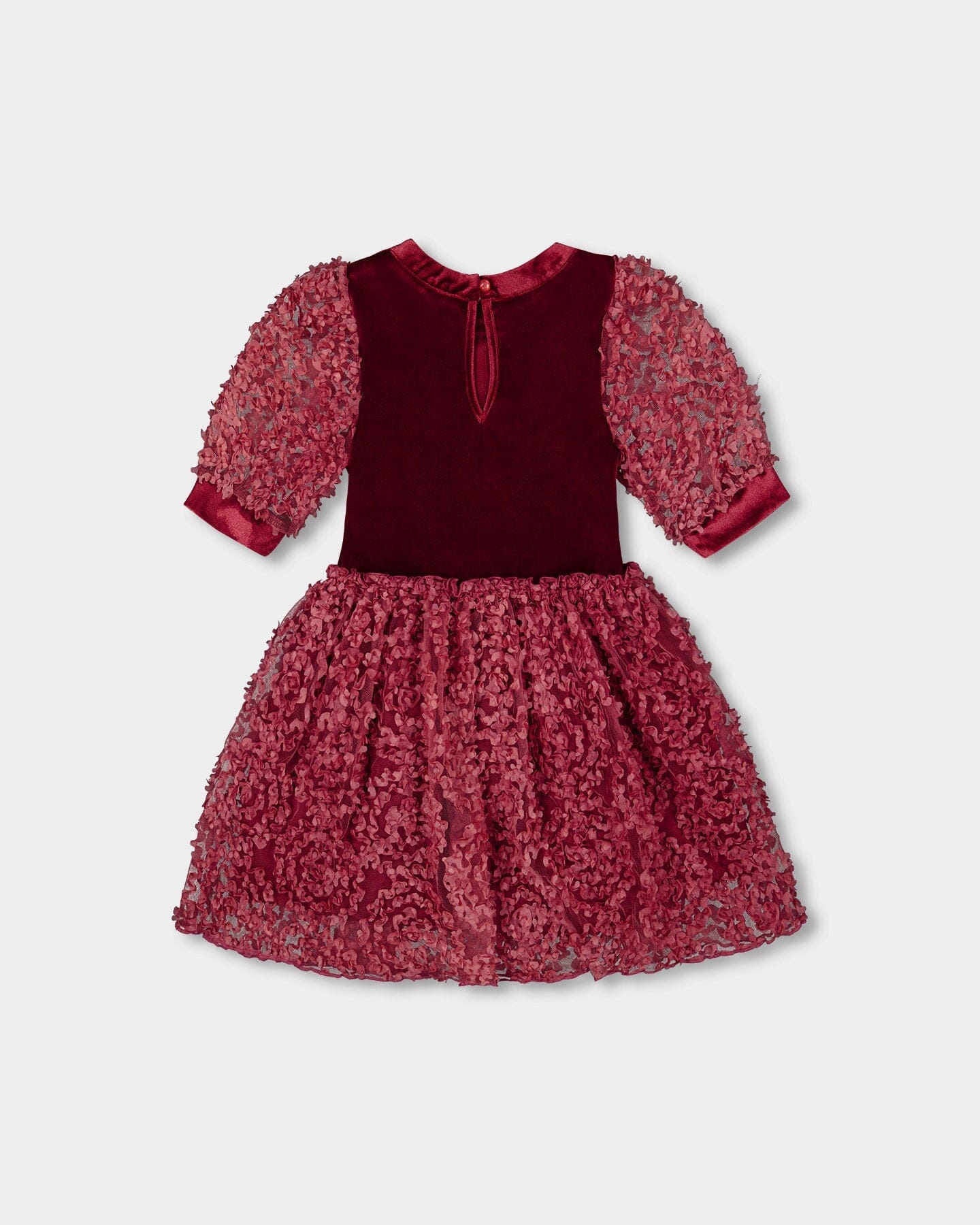 Puff Sleeve Bi-Material Velour And Lace Dress Red
