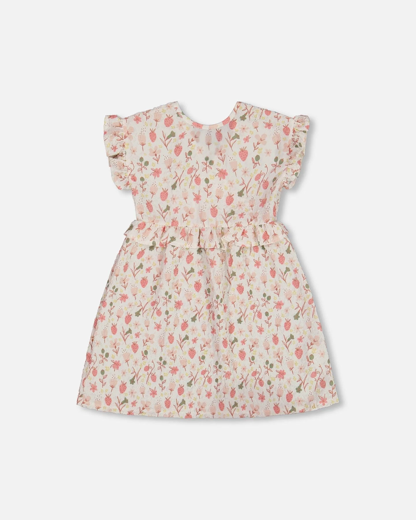 Printed Seersucker Dress With Frill Pink Flowers On Cream Background