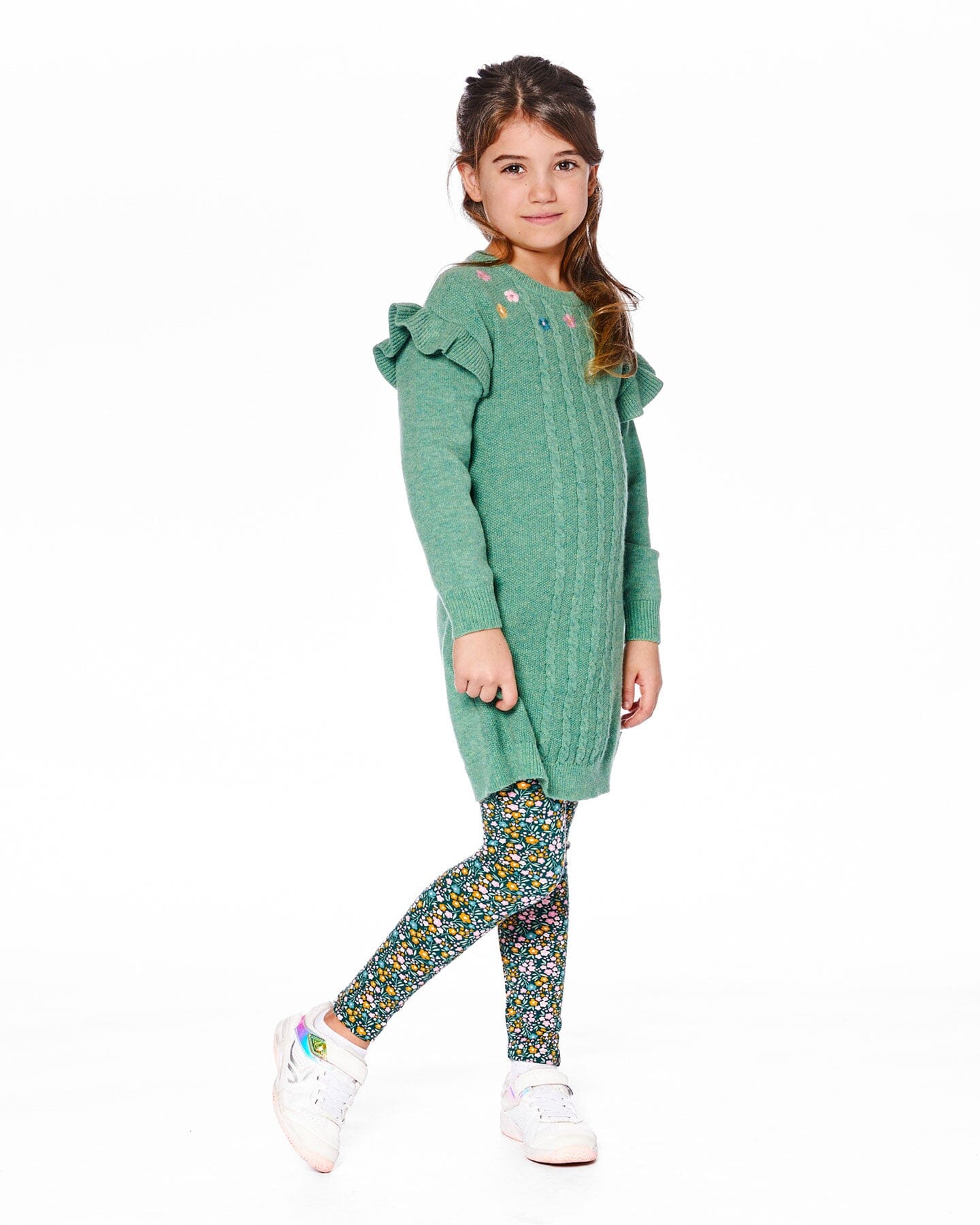 Knitted Dress Sage Green With Ruffles And Floral Embroidery