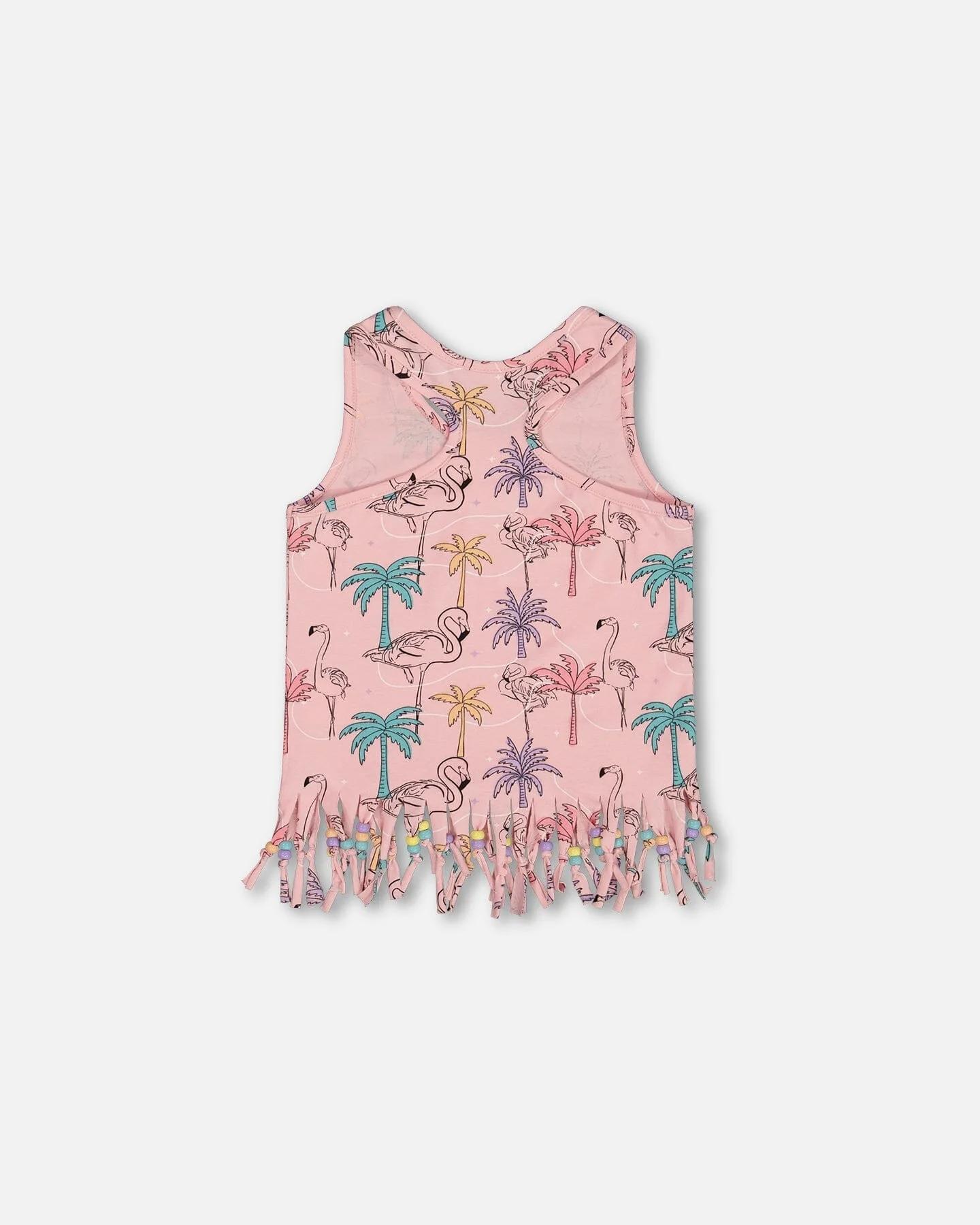 Printed Organic Cotton Tank Top With Fringe Palm Trees, Pink Flamingo, And Turquoise