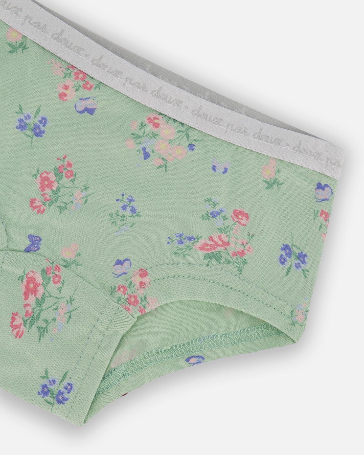 Printed Organic Cotton Boyshort Panty Small Pink And Blue Flowers On Light Sage