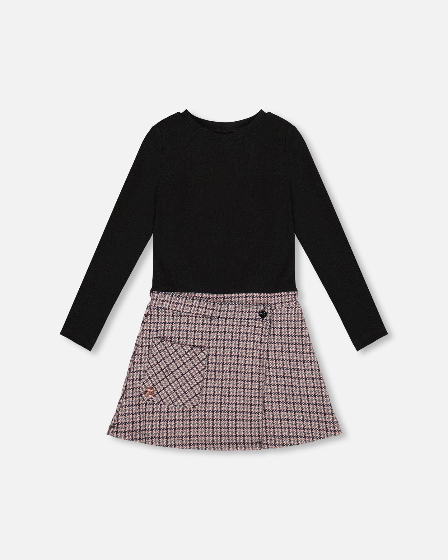 Bi-Material Dress Black And Houndstooth