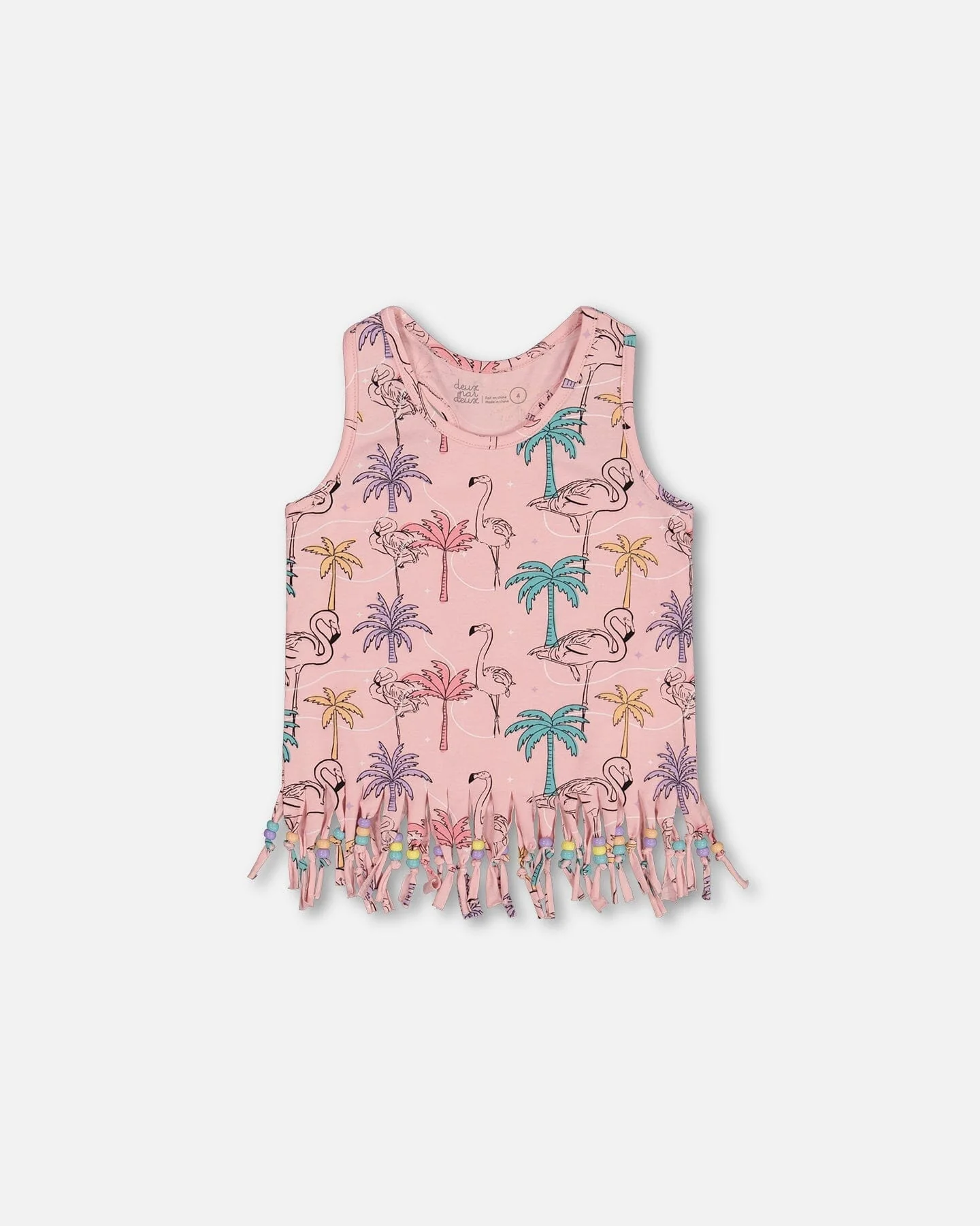 Printed Organic Cotton Tank Top With Fringe Palm Trees, Pink Flamingo, And Turquoise