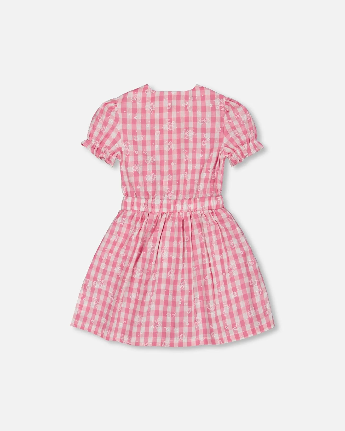 Puff Sleeve Dress With Waist Tie Pink And White Checks