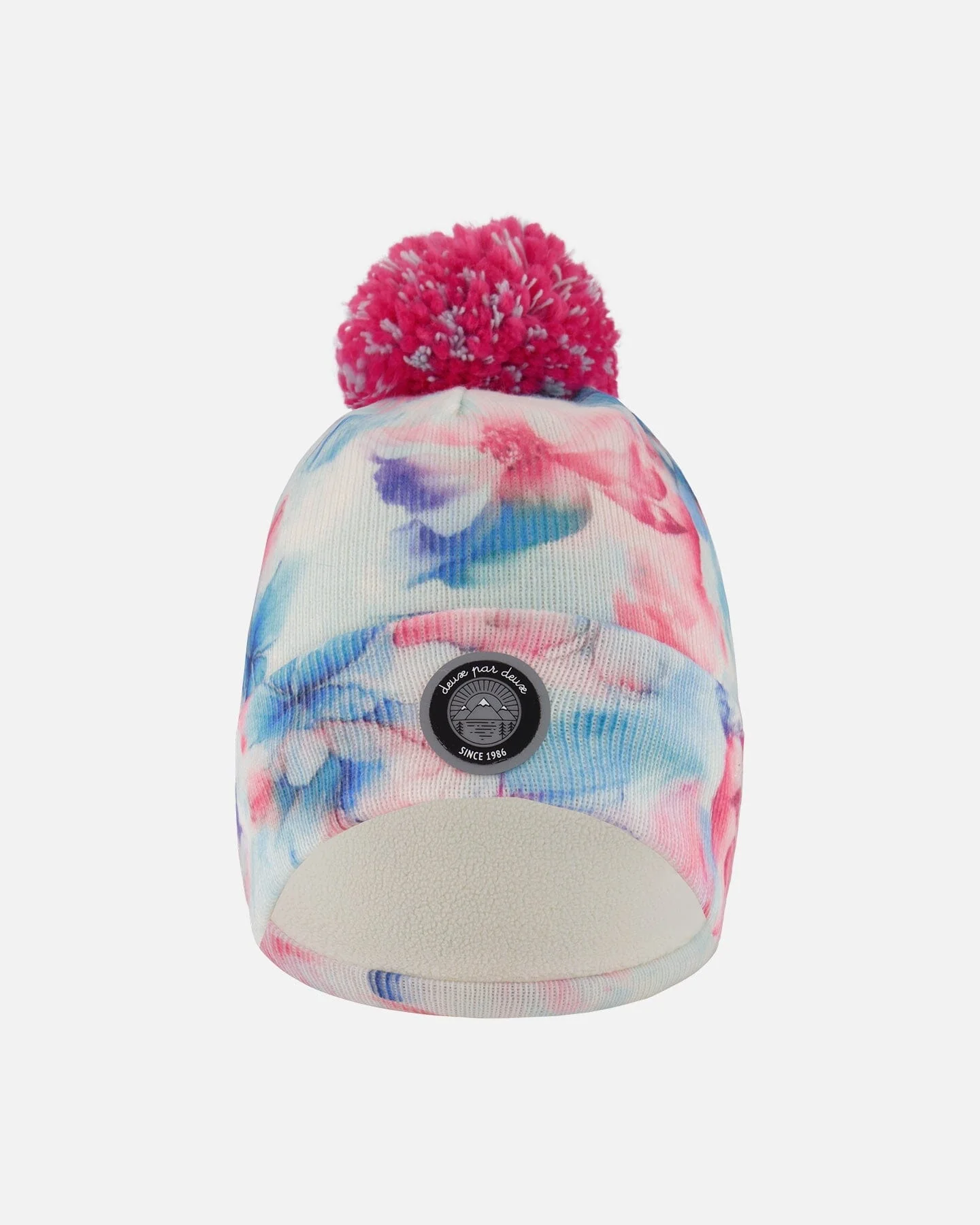 Lined Knit Pompom Hat Blue Flower Print