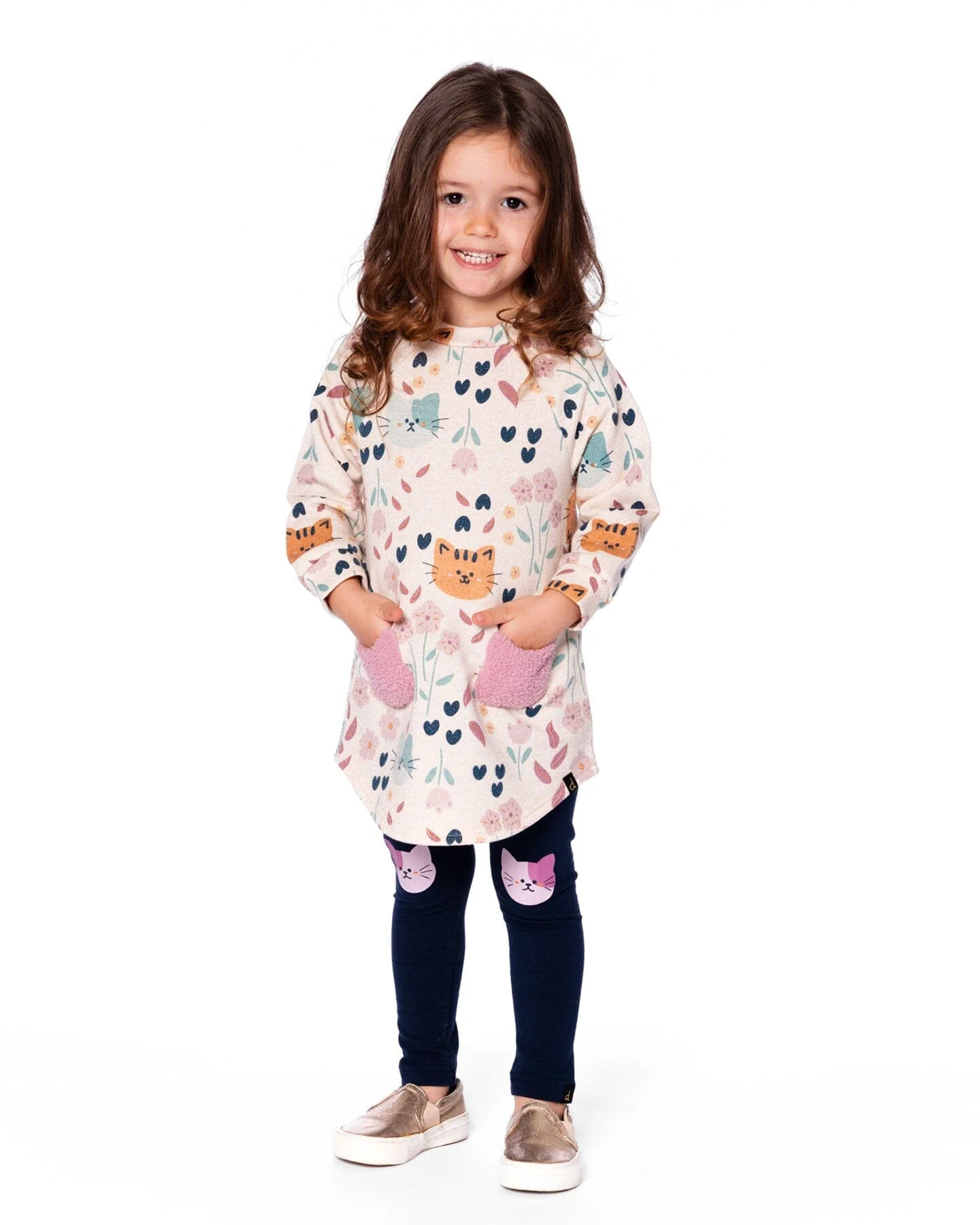 Glittering French Terry Dress Beige Printed Cat