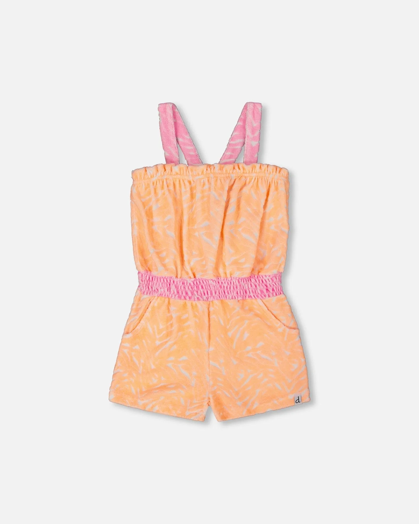 Printed Terry Cloth Romper Vibrant Orange And White