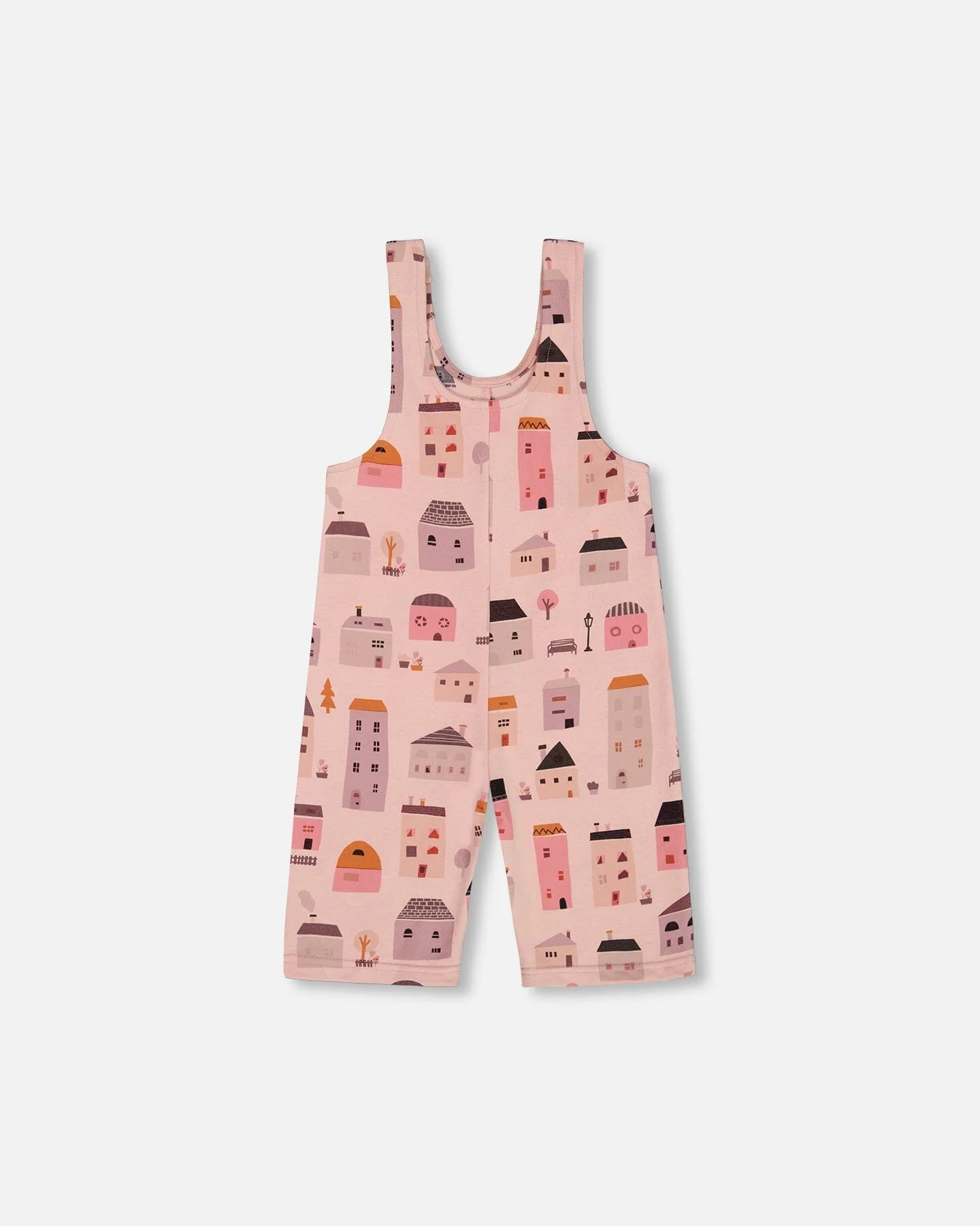 Printed French Terry Overalls Pink And Coral Houses