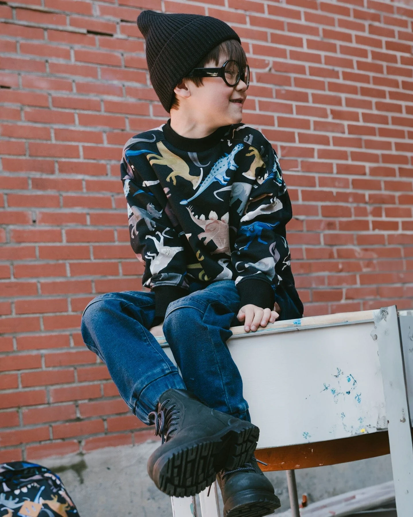 Pullover Fleece Sweatshirt Black Dinosaur Print