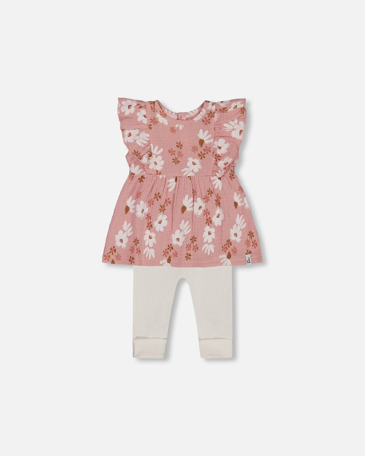Printed Muslin Tunic And Rib Leggings Set Pink And White Flowers