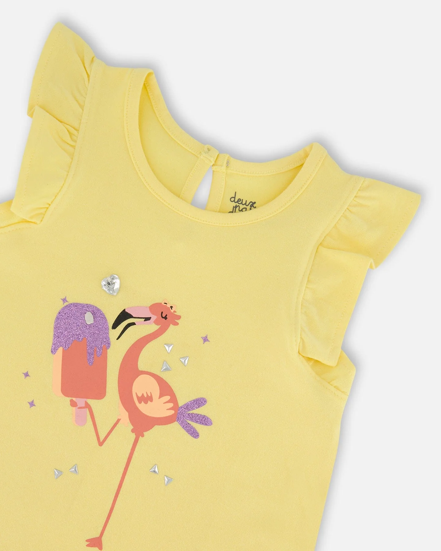 Organic Cotton Tunic With Frill And Print Yellow And Flamingo