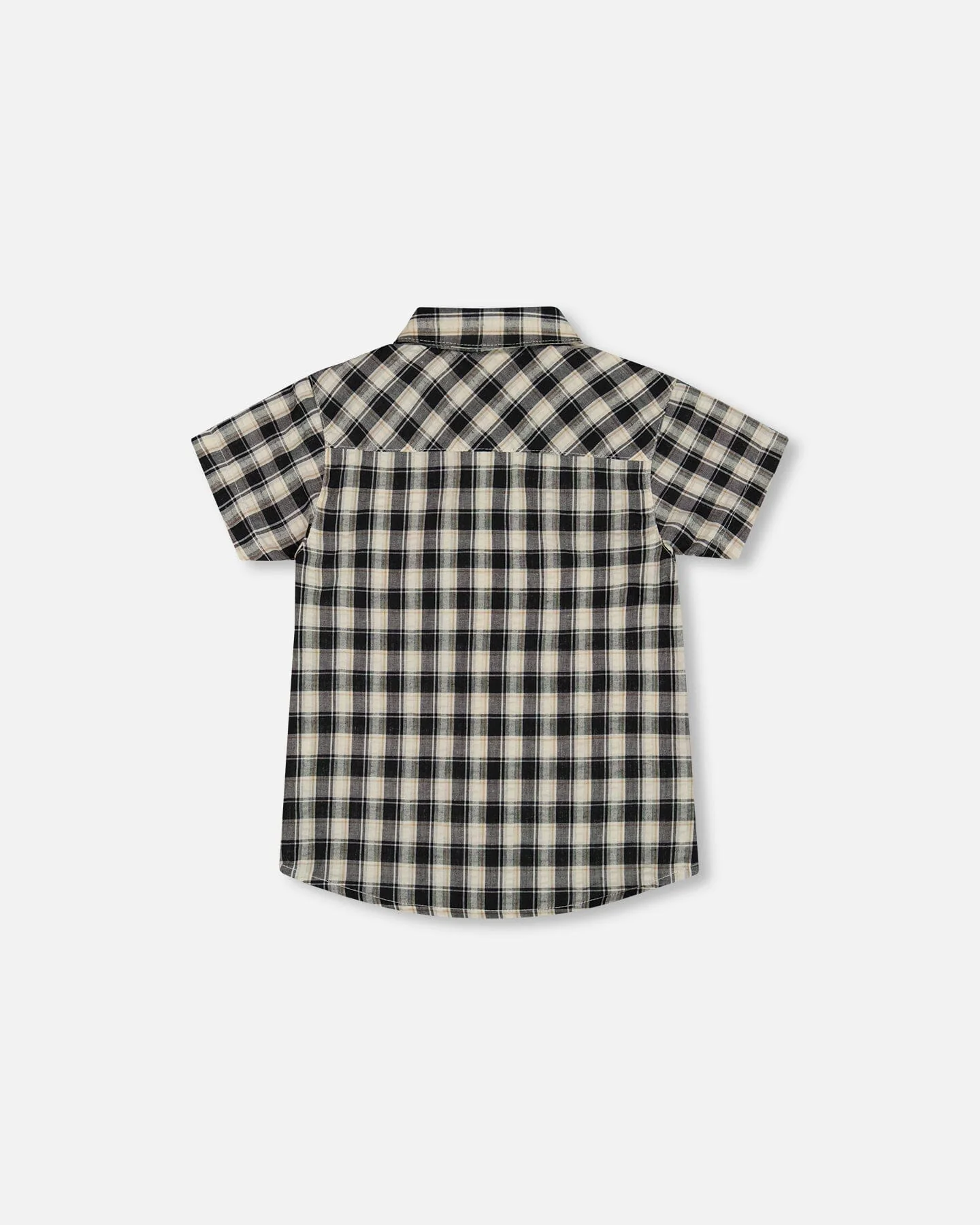 Short Sleeve Button Down Shirt Black And Beige Plaid