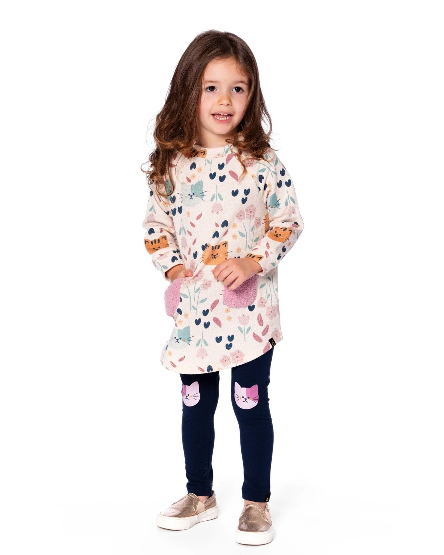 Organic Cotton Jersey Leggings Dark Blue With Cats