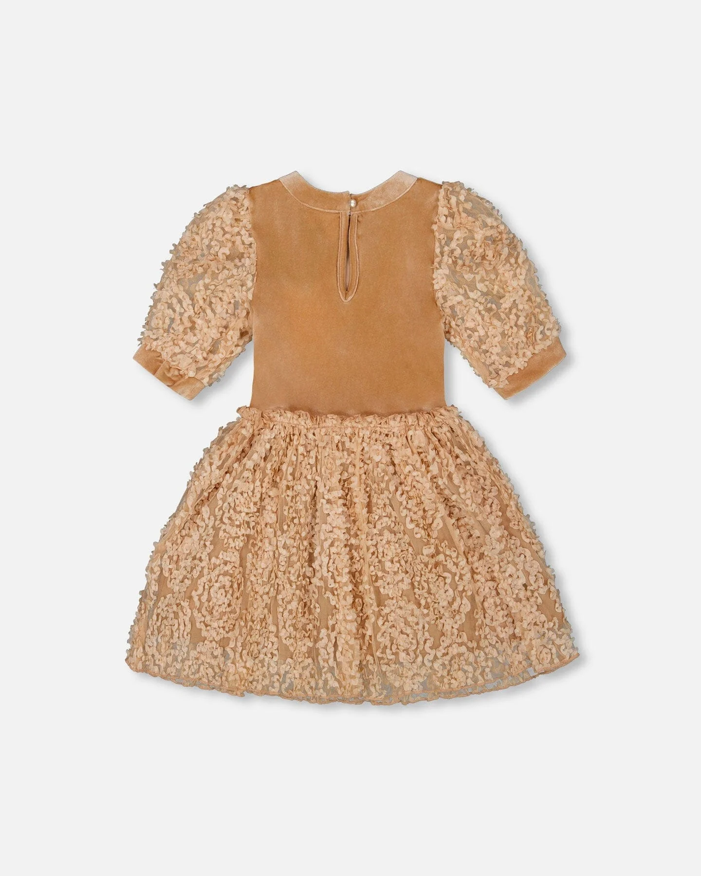 Puff Sleeve Bi-Material Velour And Lace Dress Light Caramel
