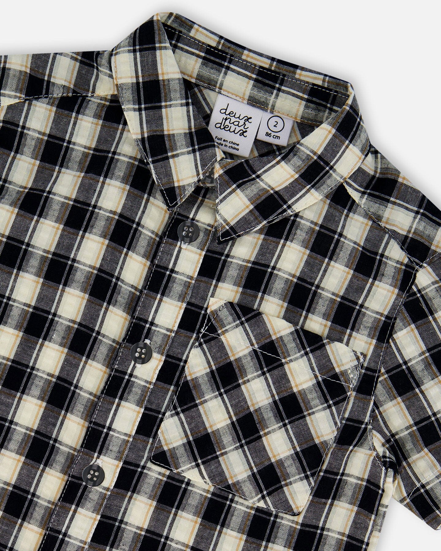Short Sleeve Button Down Shirt Black And Beige Plaid