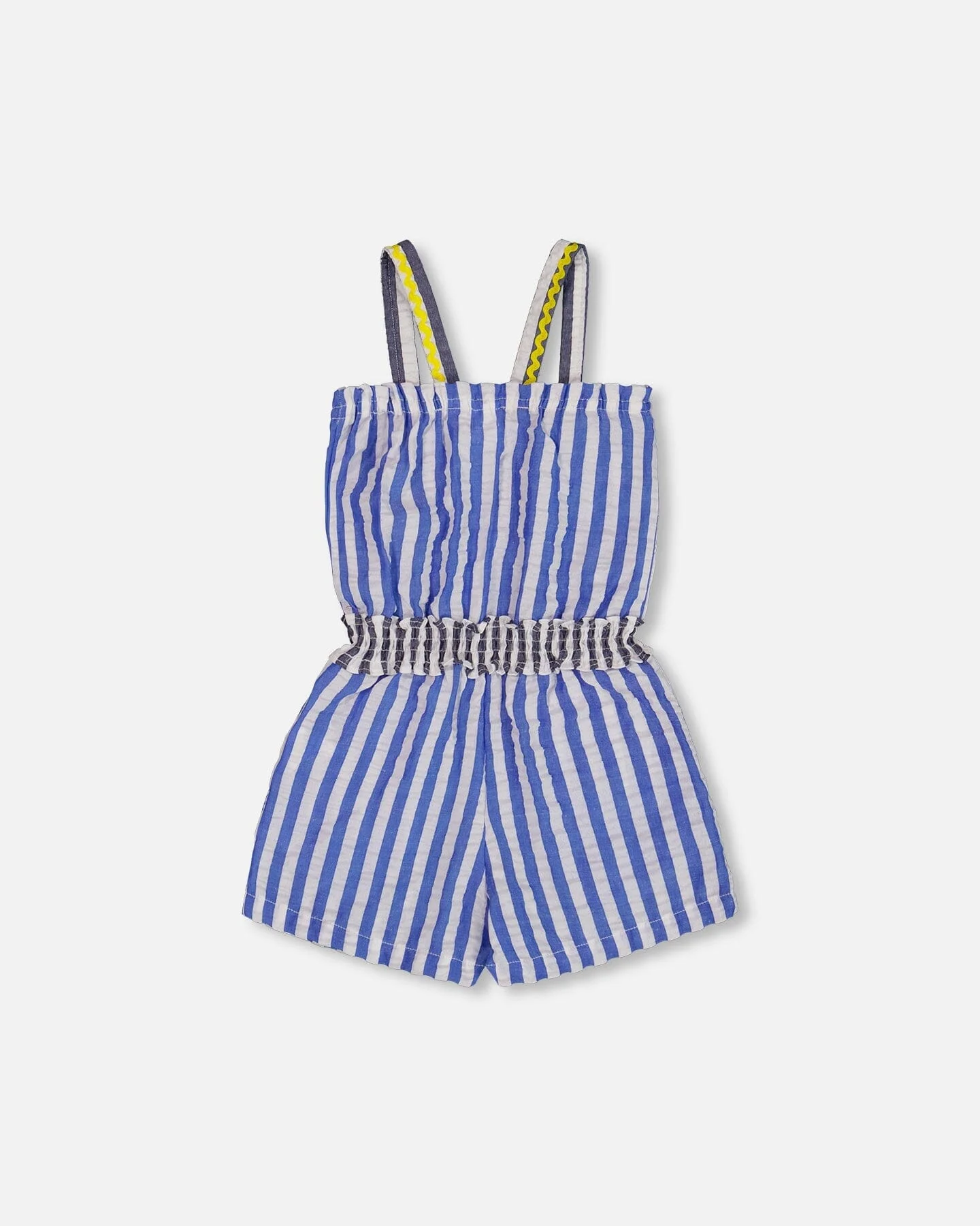 Sleeveless Seersucker Romper Blue And White Striped