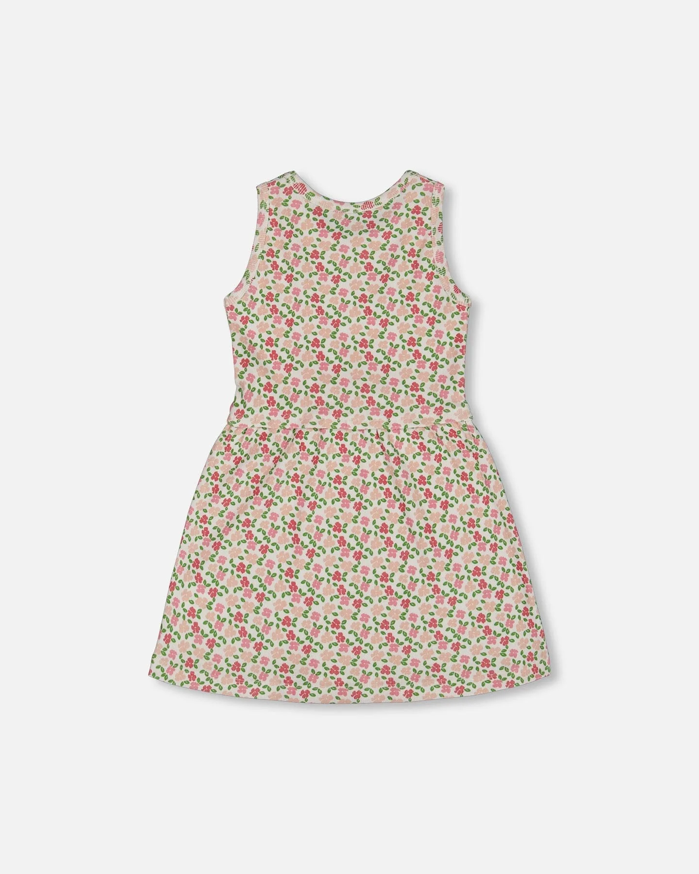 Printed Ribbed Dress With Waist Tie Small Flowers On White Background