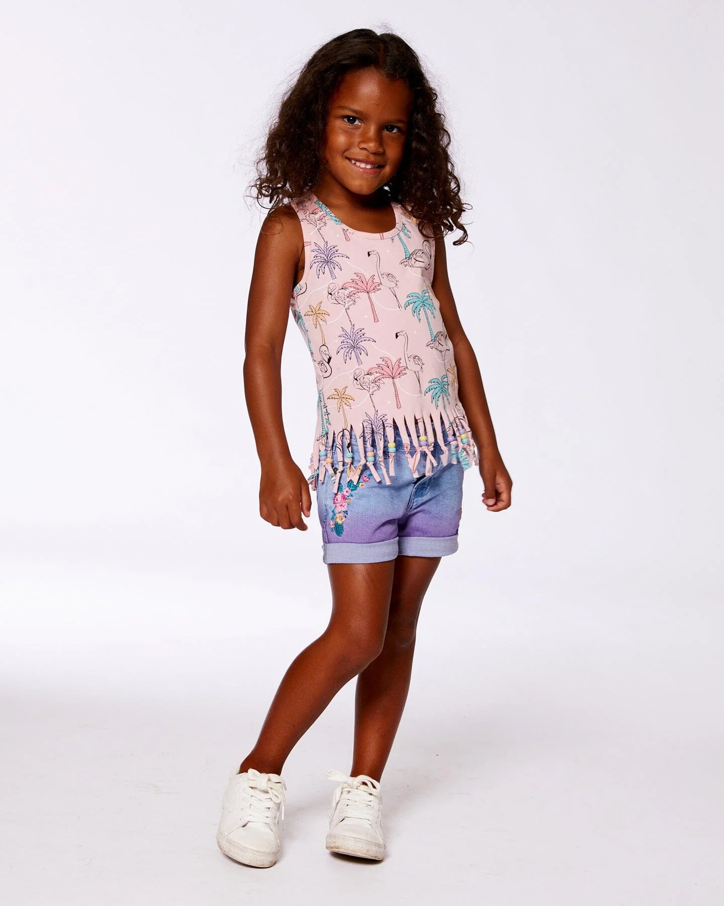 Printed Organic Cotton Tank Top With Fringe Palm Trees, Pink Flamingo, And Turquoise