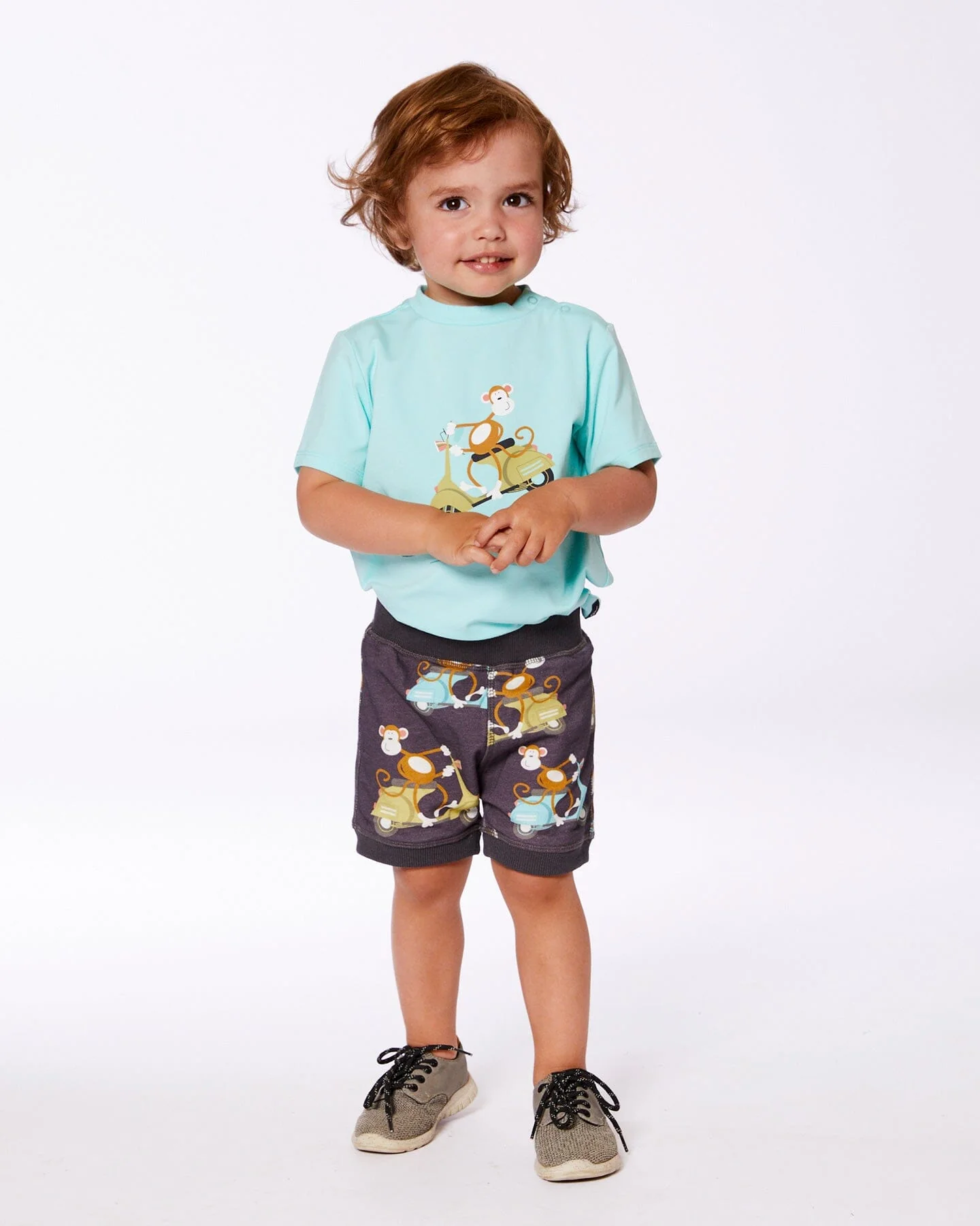 Two-Piece Top And Short Set Monkey On Navy And Turquoise Moped