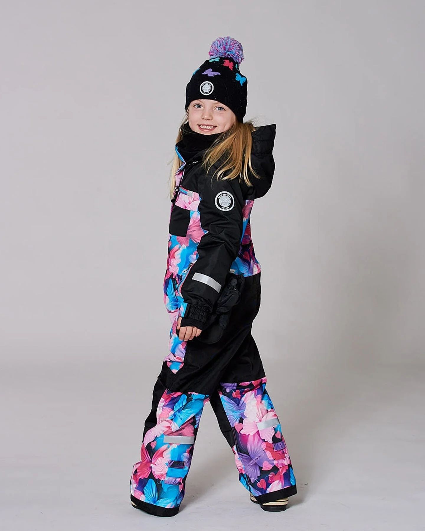 Lined Knit Pompom Hat Black Butterfly Pattern