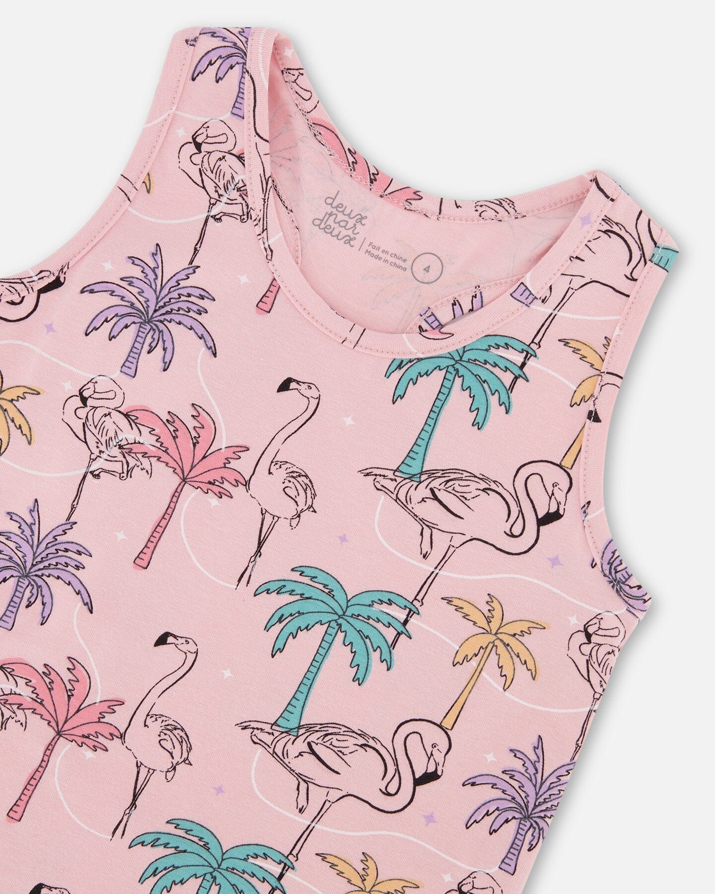 Printed Organic Cotton Tank Top With Fringe Palm Trees, Pink Flamingo, And Turquoise