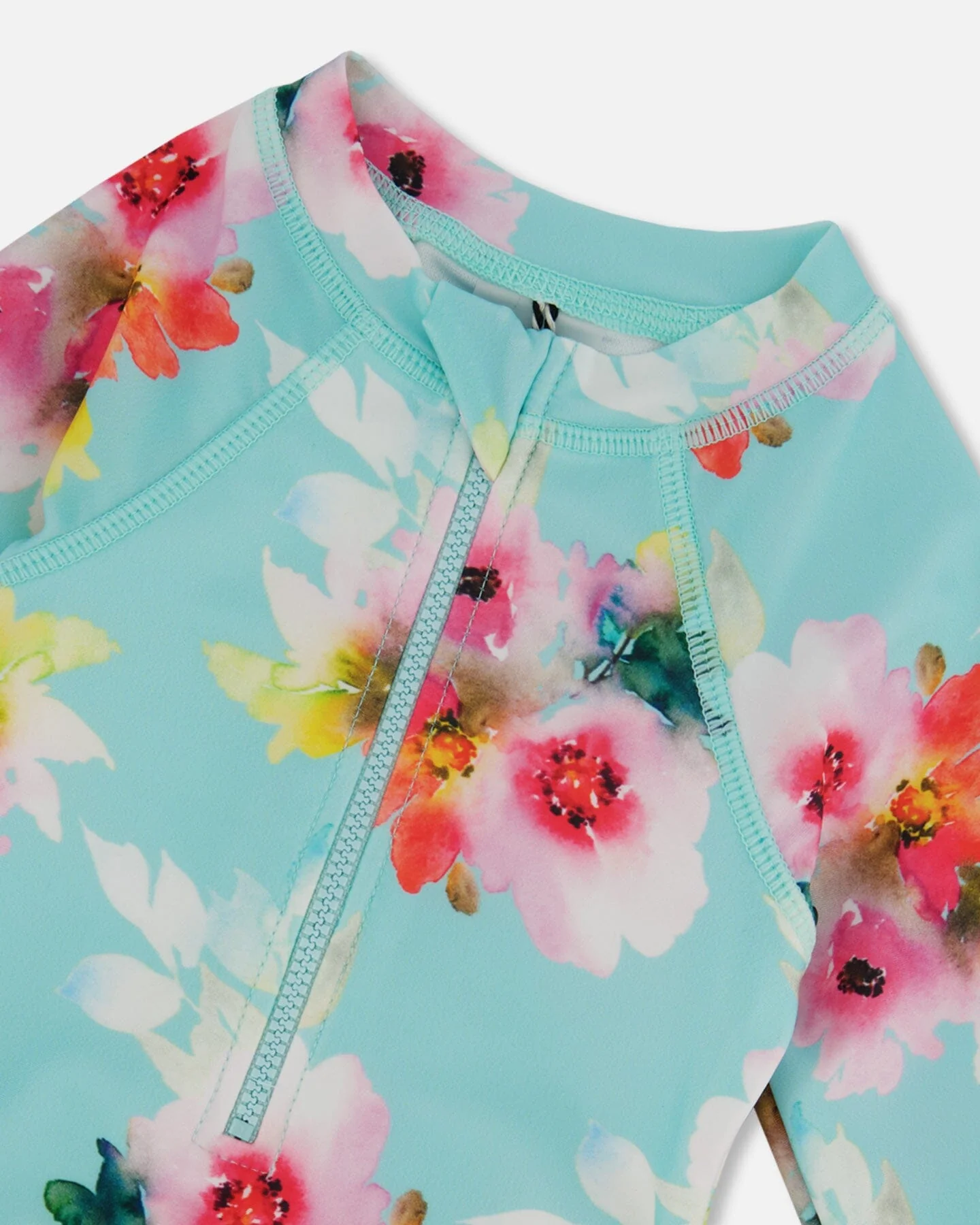 Printed One-Piece Rashguard With Frills Turquoise And Pink Flowers