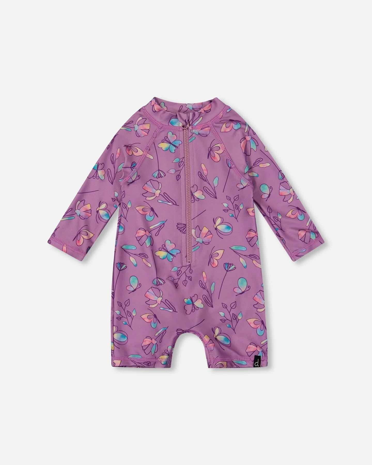 Printed Long Sleeve One-Piece Rashguard Old Mauve And Multicolored Butterflies