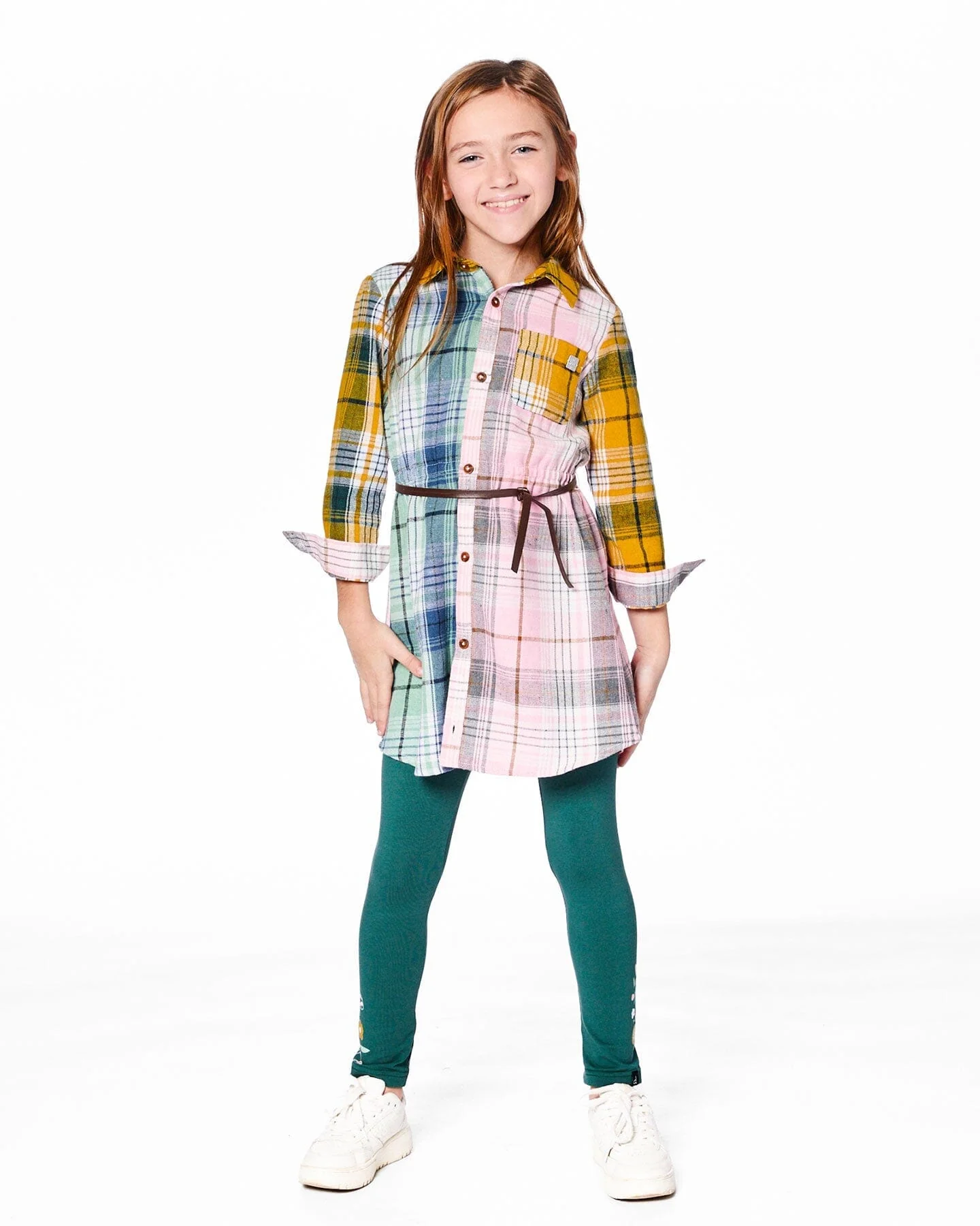 Shirt Dress With Belt Green Pink And Yellow