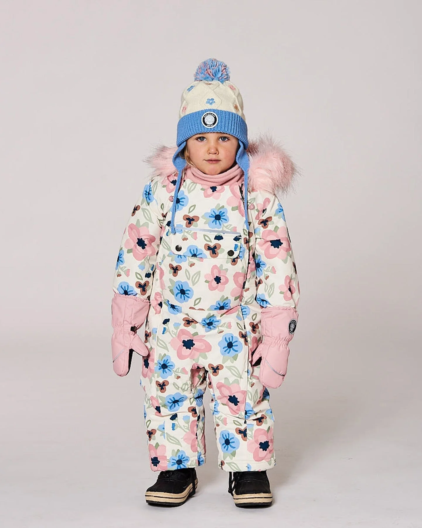 Lined Knit Hat With Ears Off-White And Blue