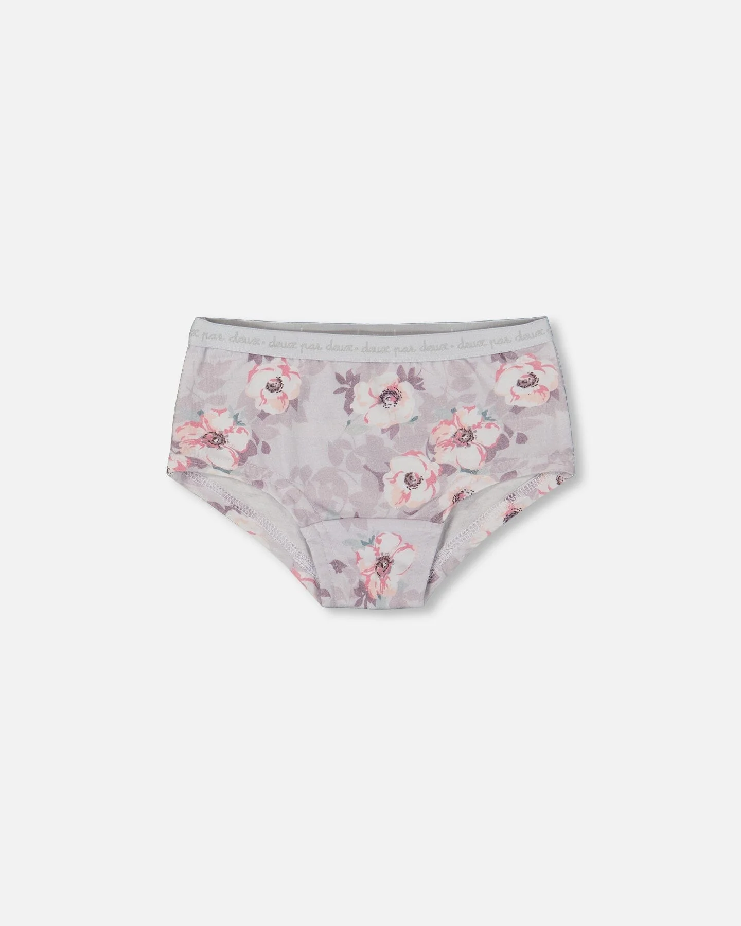 Printed Organic Cotton Boyshort Panty Pale Pink Flowers On Neutral Lilac