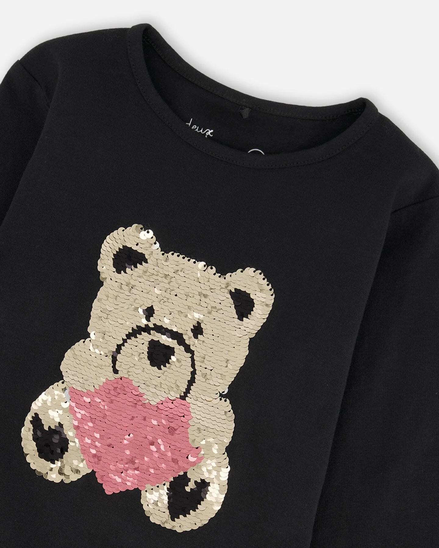 Black Organic Cotton T-Shirt With Reversible Sequin Teddy Bear