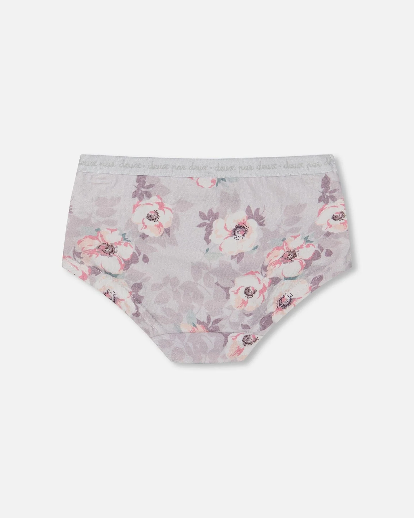 Printed Organic Cotton Boyshort Panty Pale Pink Flowers On Neutral Lilac