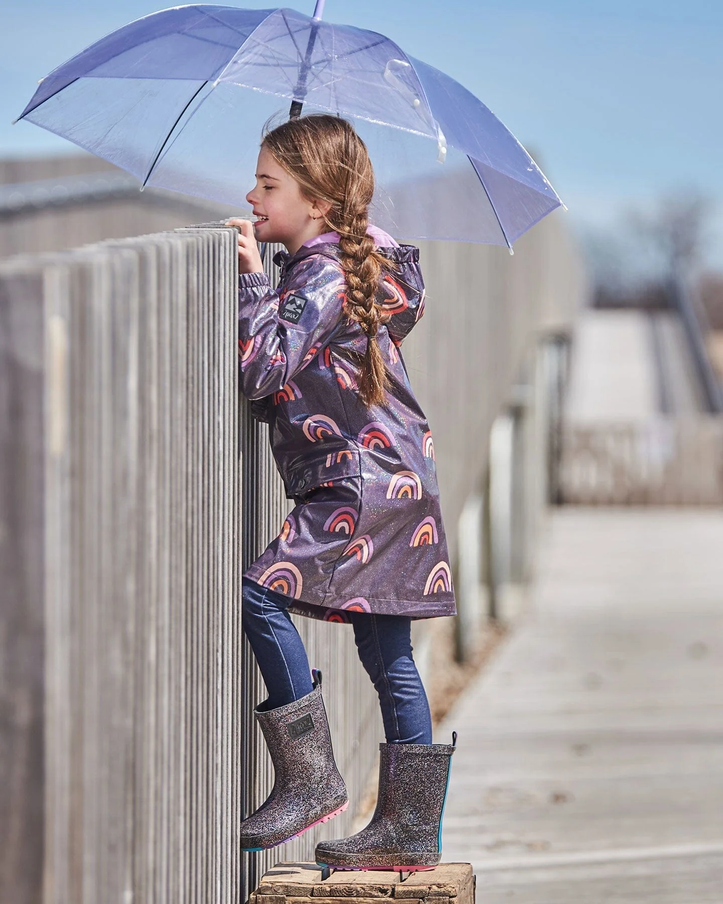 Printed Rain Coat With Hat Rainbow On Shiny Background
