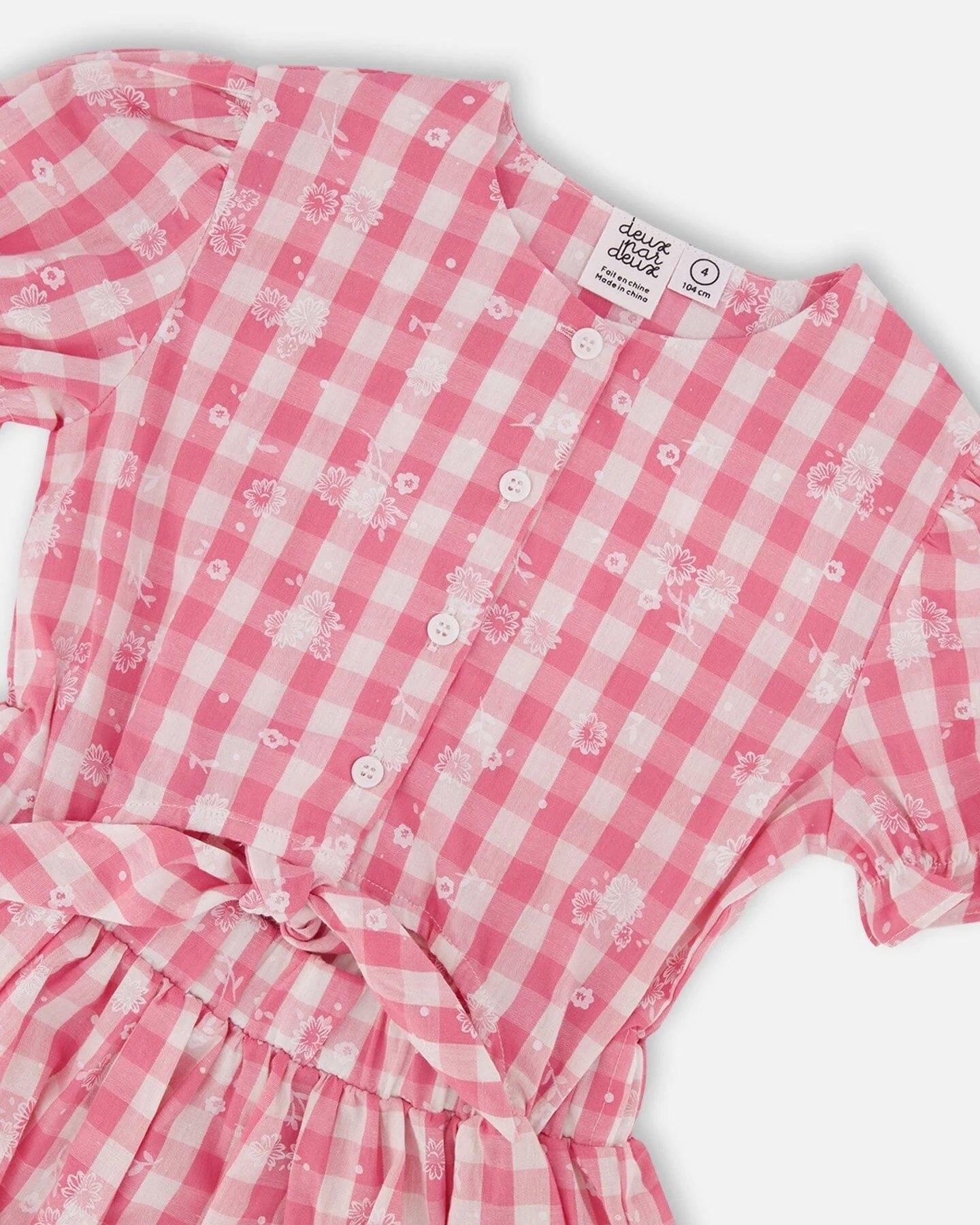 Puff Sleeve Dress With Waist Tie Pink And White Checks