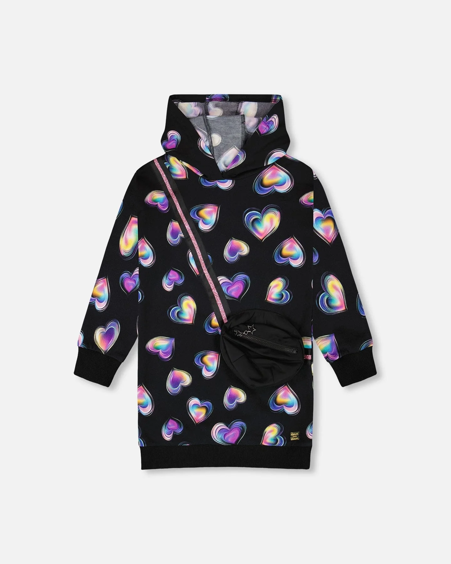 Hooded Fleece Dress Black And Multicolor With Trompe-L’Œil Bag Detail