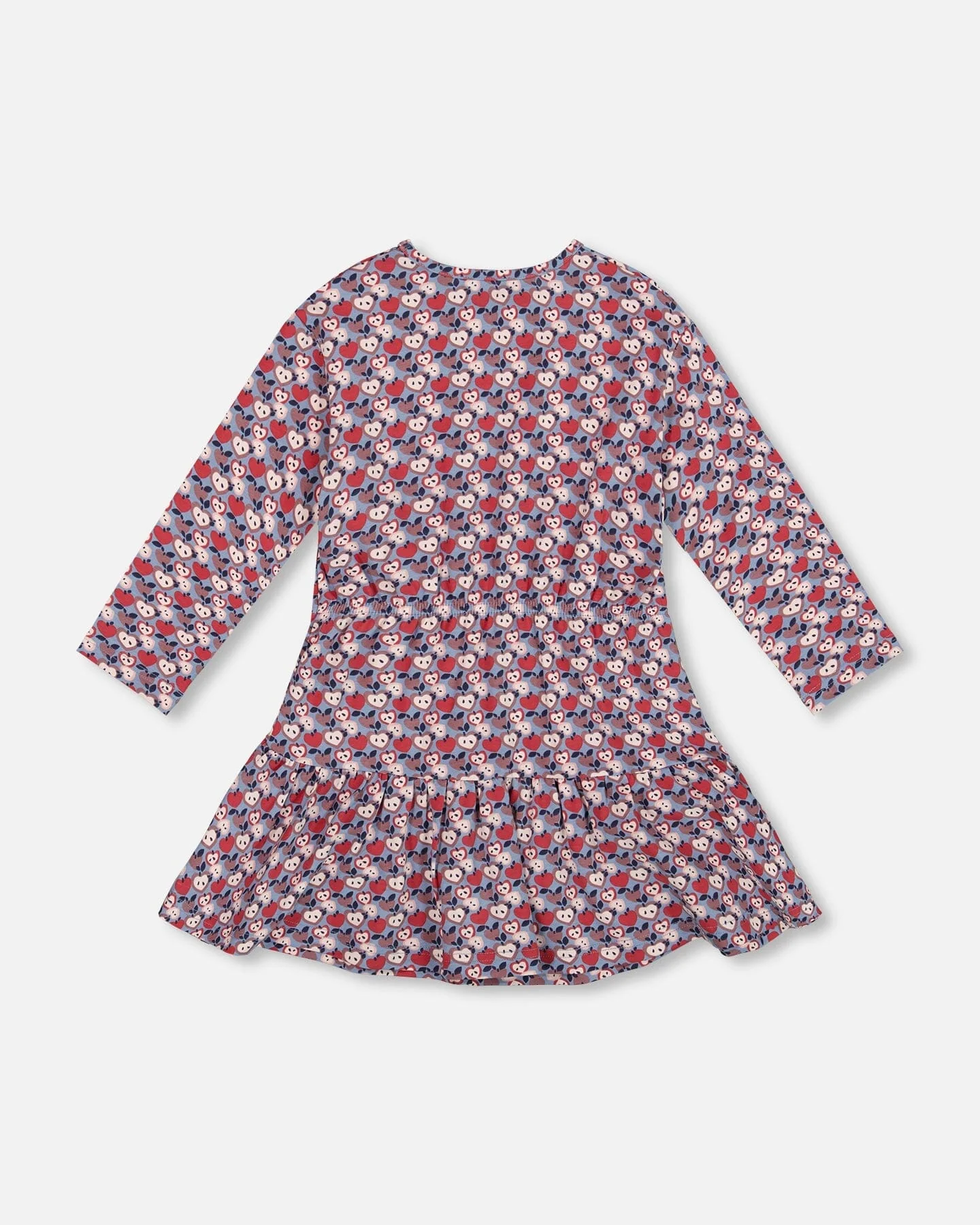 Organic Cotton Dress With Flounce Hem Blue Apple Print