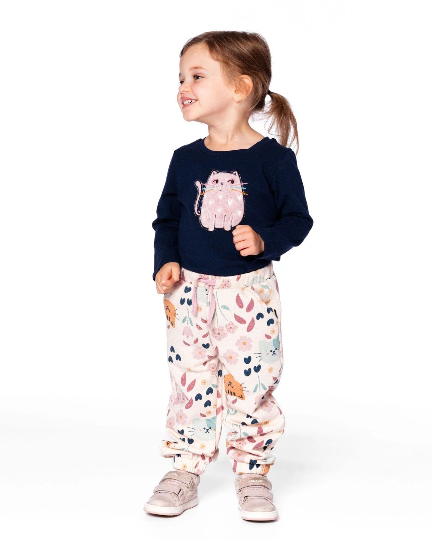 Glittering French Terry Sweatpant Beige Cat Print