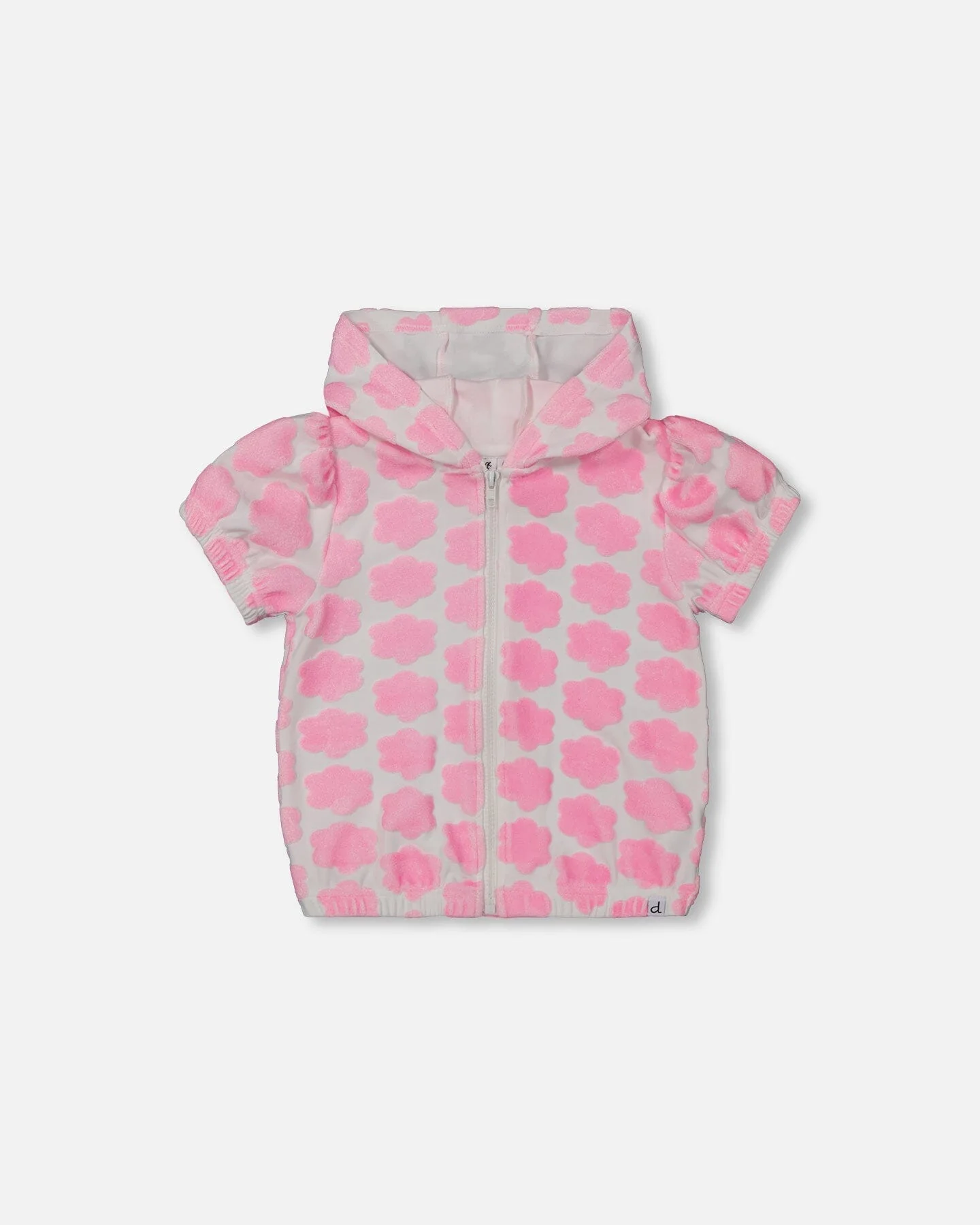 Printed Terry Short Sleeve Hoodie Cardigan Vibrant Pink And White